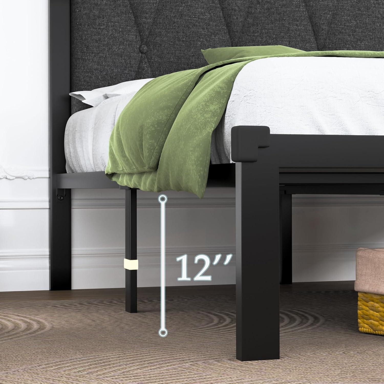 Feonase Twin Size Metal Bed Frame with Fabric Button Tufted Headboard, Platform Bed Frame with Heavy Duty Metal Slats, 12" Storage Space, Noise Free, No Box Spring Needed, Dark Grey