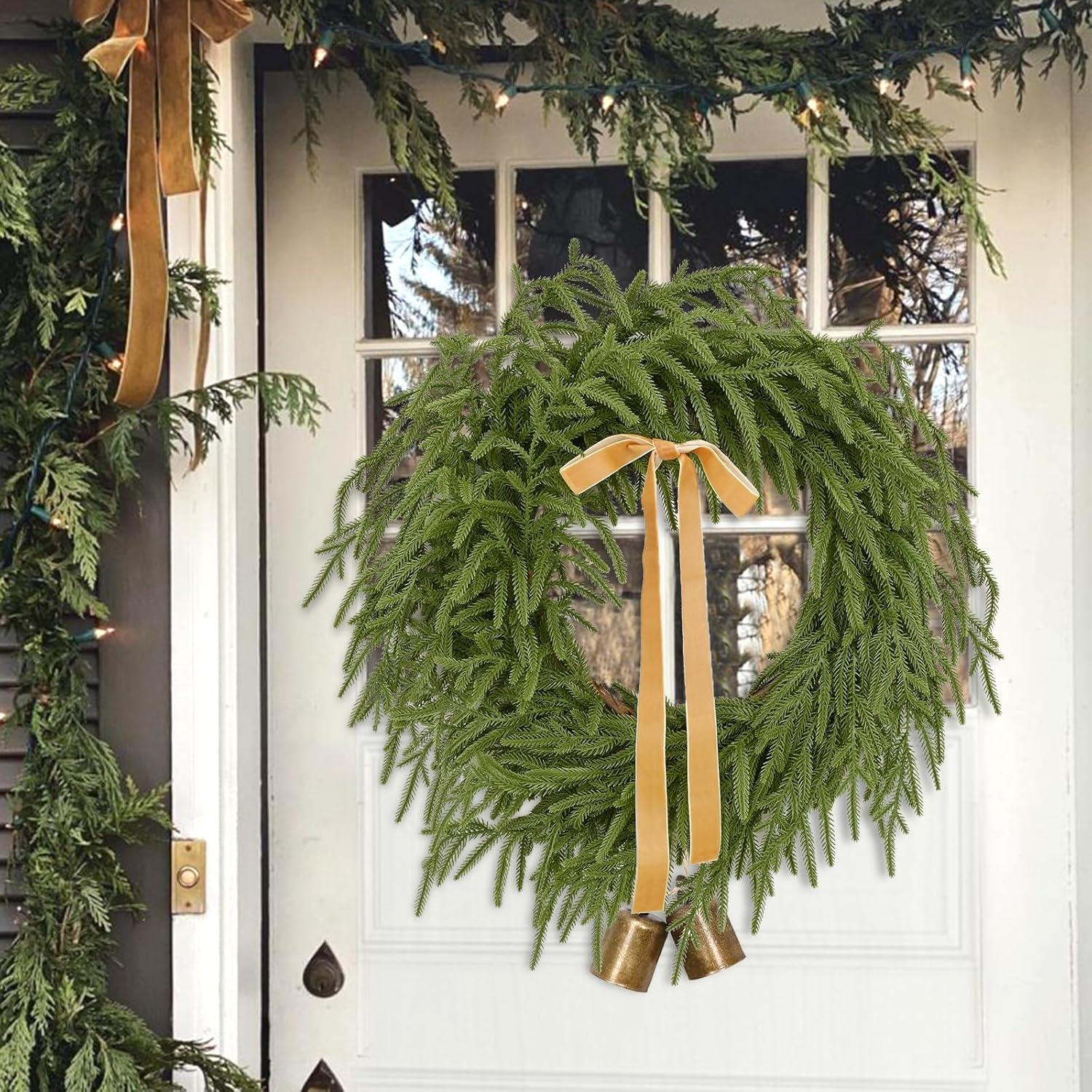 24-Inch Artificial Pine Christmas Wreath with Lights and Ribbon