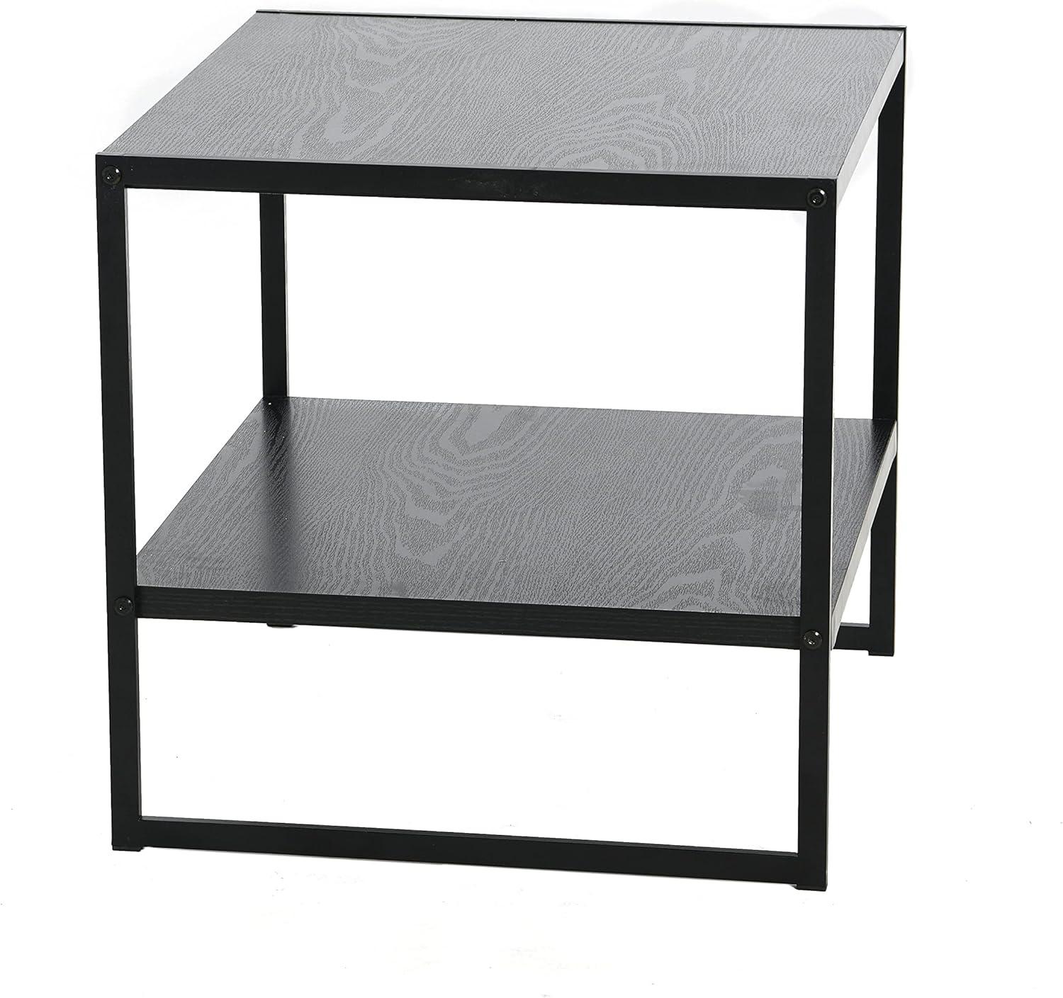 Household Essentials Jamestown Square Side End Table with Storage Shelf Black Oak Wood Grain and Black Metal