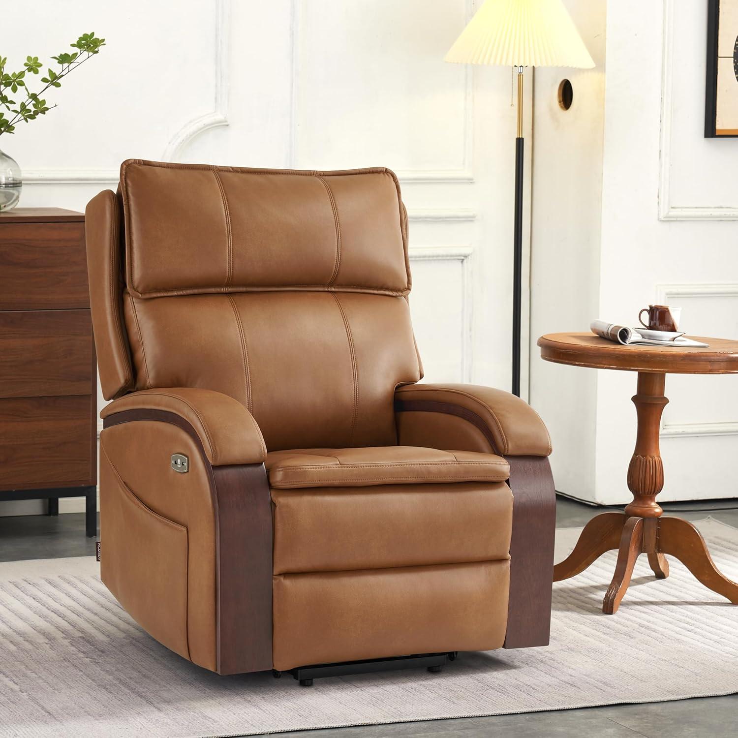 MCombo Power Lift Recliner Chair Sofa with Massage and Heat, Adjustable Headrest for Elderly People, Solid Wood Armrest, USB Ports, Side Pockets, Breathable Leather 7917 (Tawny, Medium)