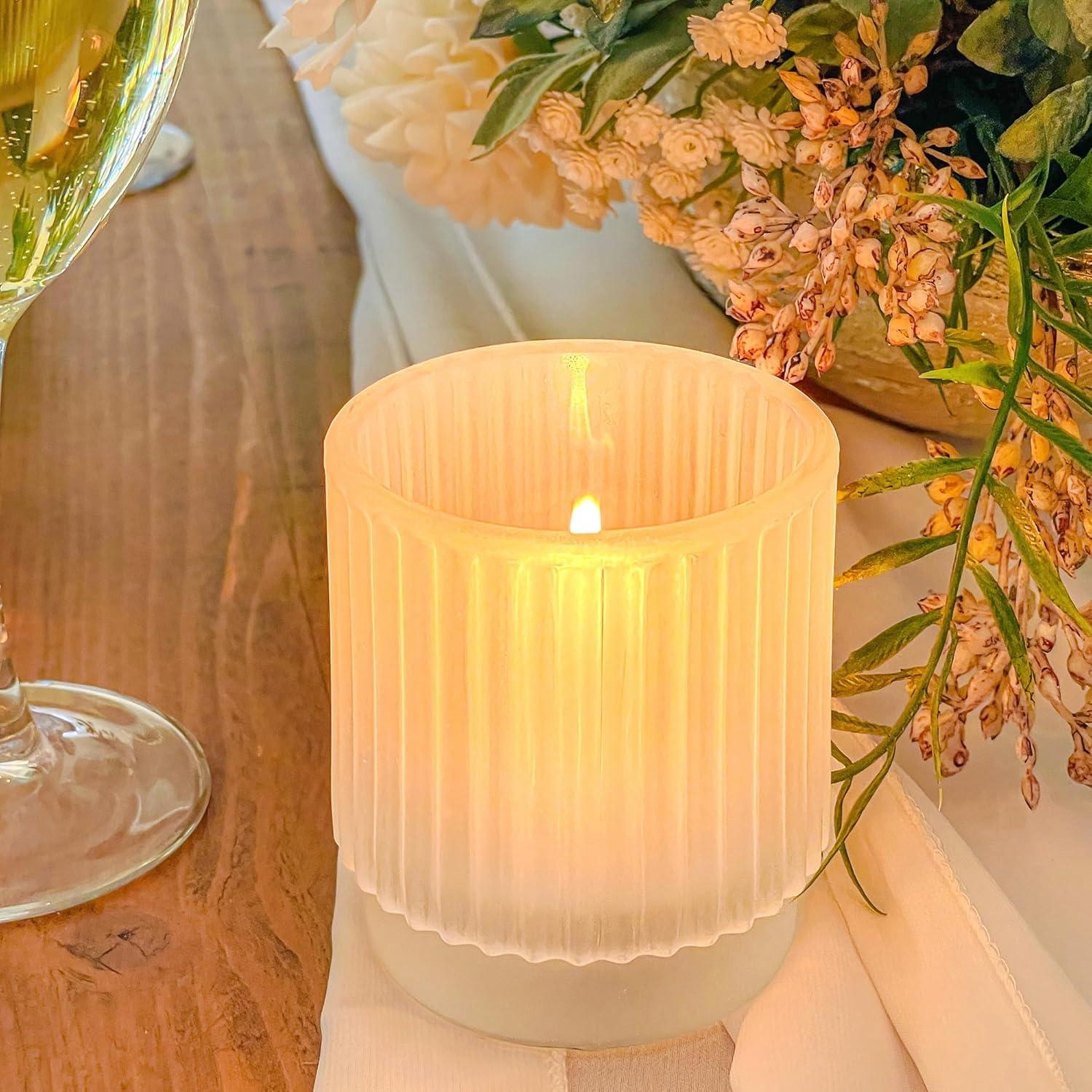 Set of 6 Ribbed Frosted Glass Tealight Candle Holders