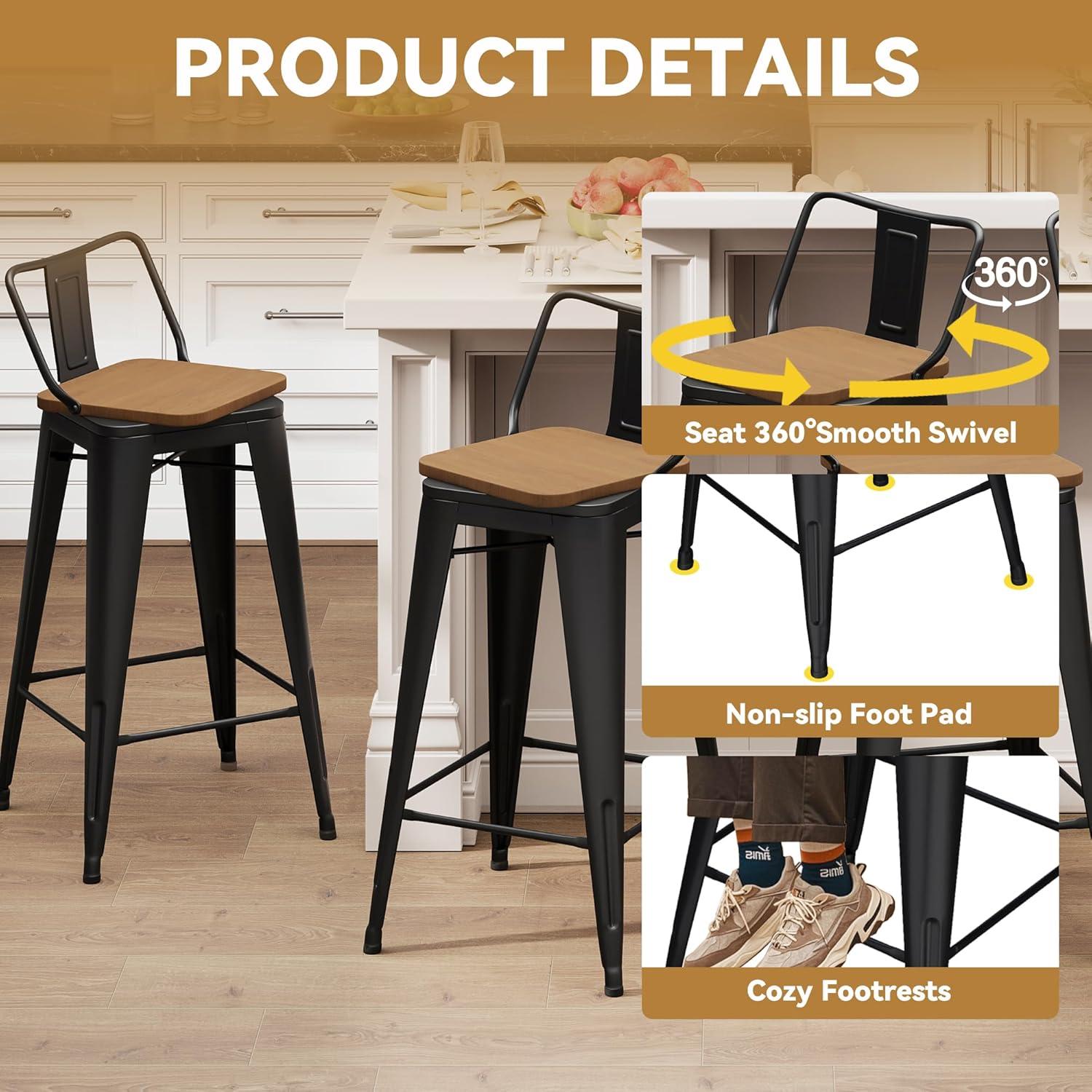 Changjie Furniture 30 Inch Bar Stools Set of 4 Industrial Metal Barstools Bar Height Bar Stool with Backs for Home Kitchen (30 inch, Black)
