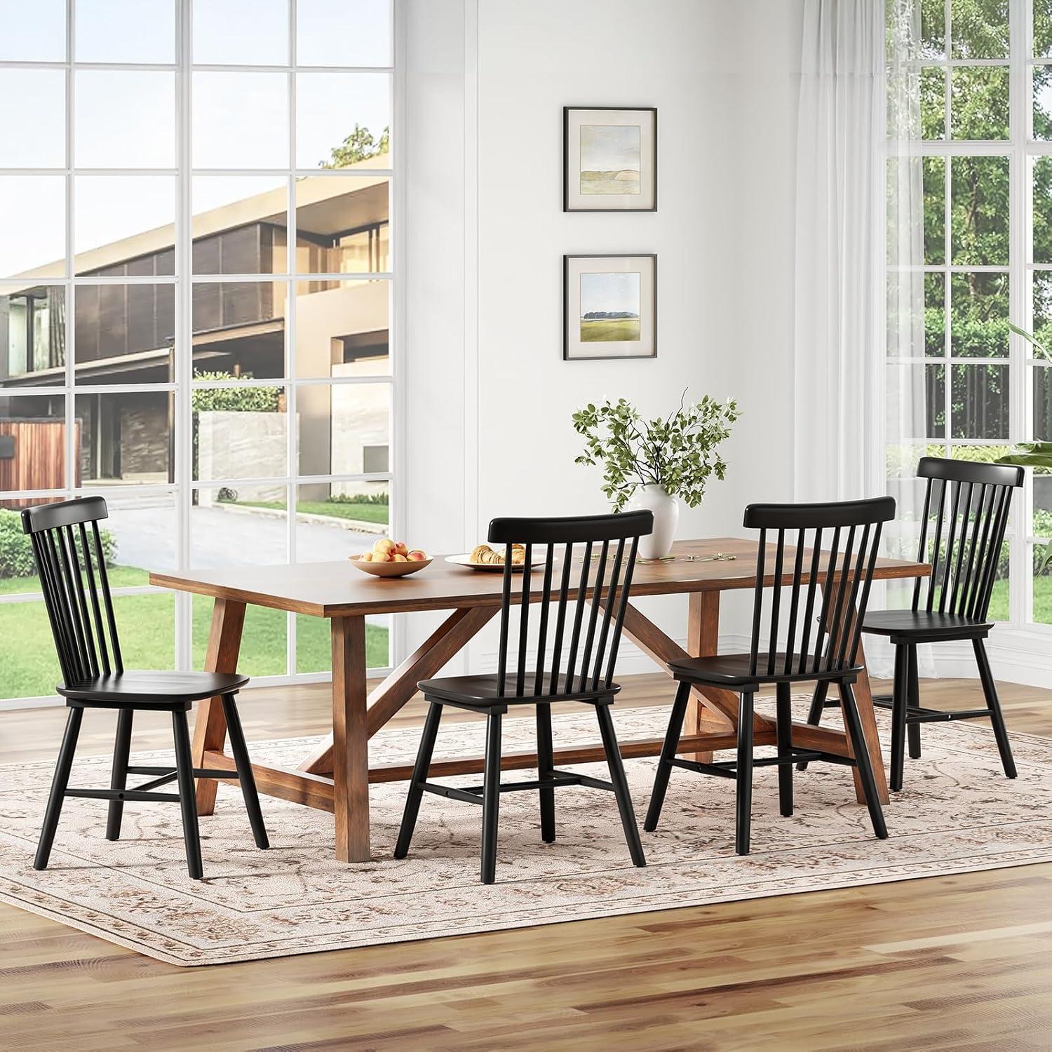 Set of 4 Natural Wood Windsor Spindle Back Dining Chairs