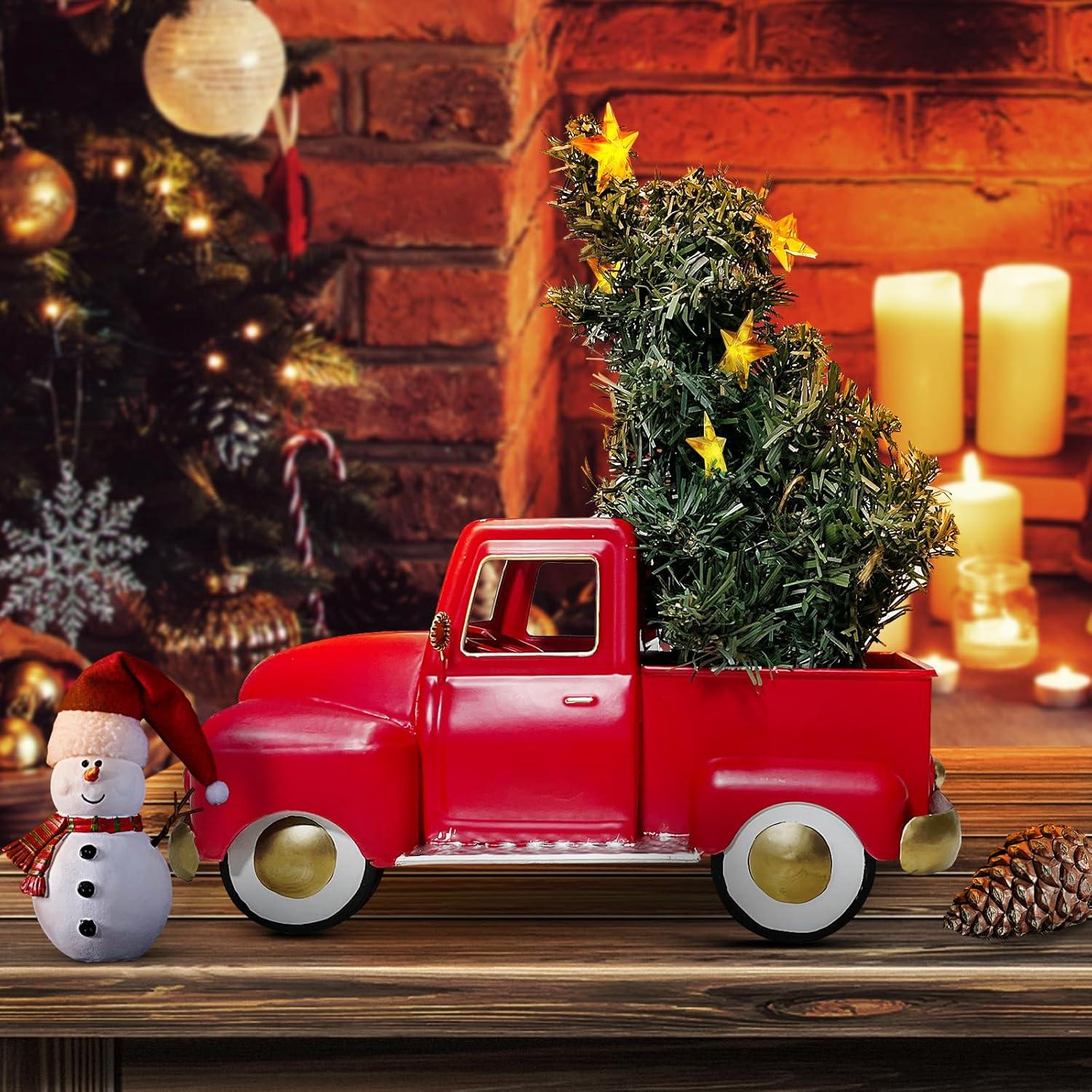 Vintage Red Metal Truck Sculpture with Gold Accents