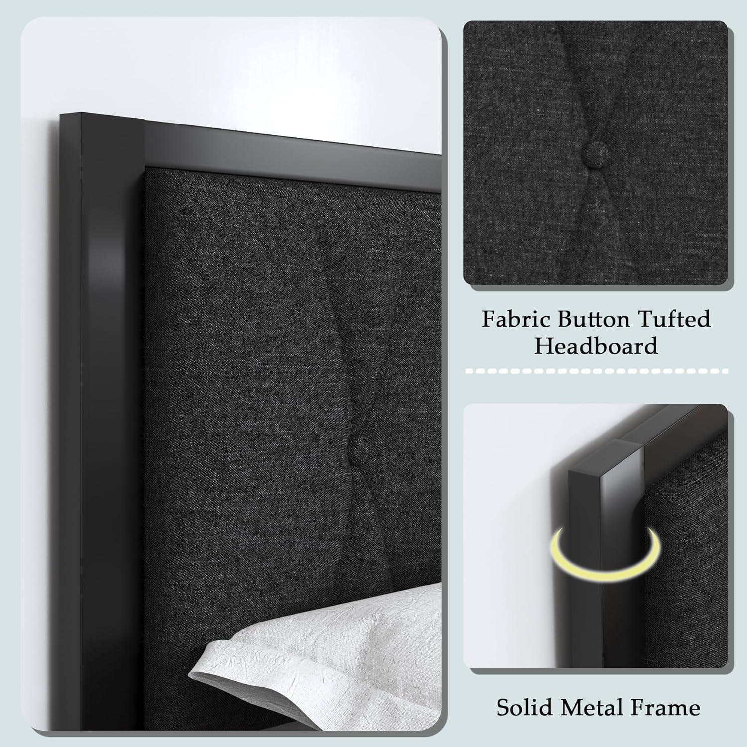 Dark Grey Twin Size Metal Bed Frame with Fabric Tufted Headboard