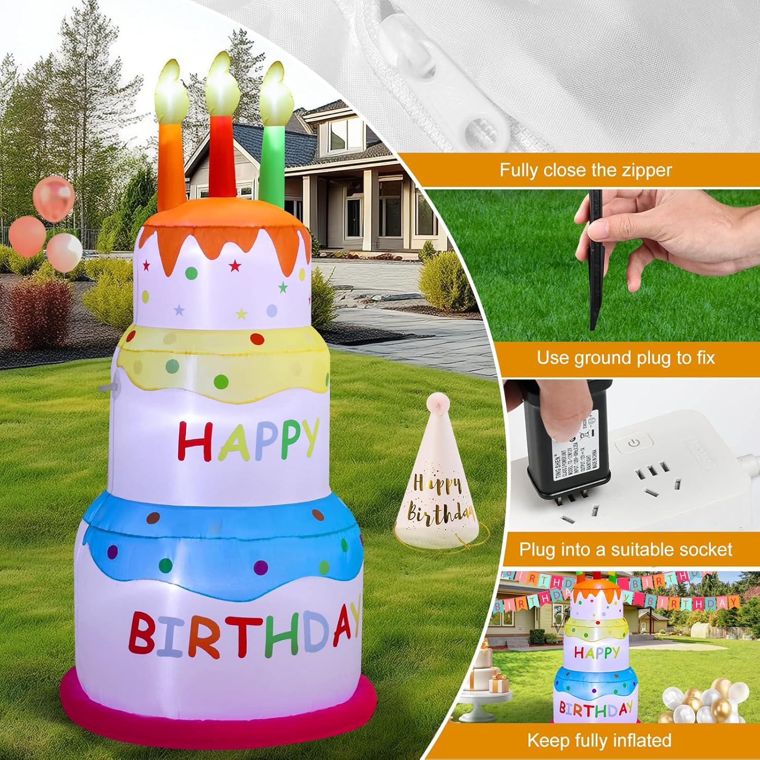 AJY 6 Feet Birthday Inflatable Happy Birthday Inflatable Cake with Candle Blow Up Inflatable Indoor Outdoor Yard Lawn Decoration Clearance