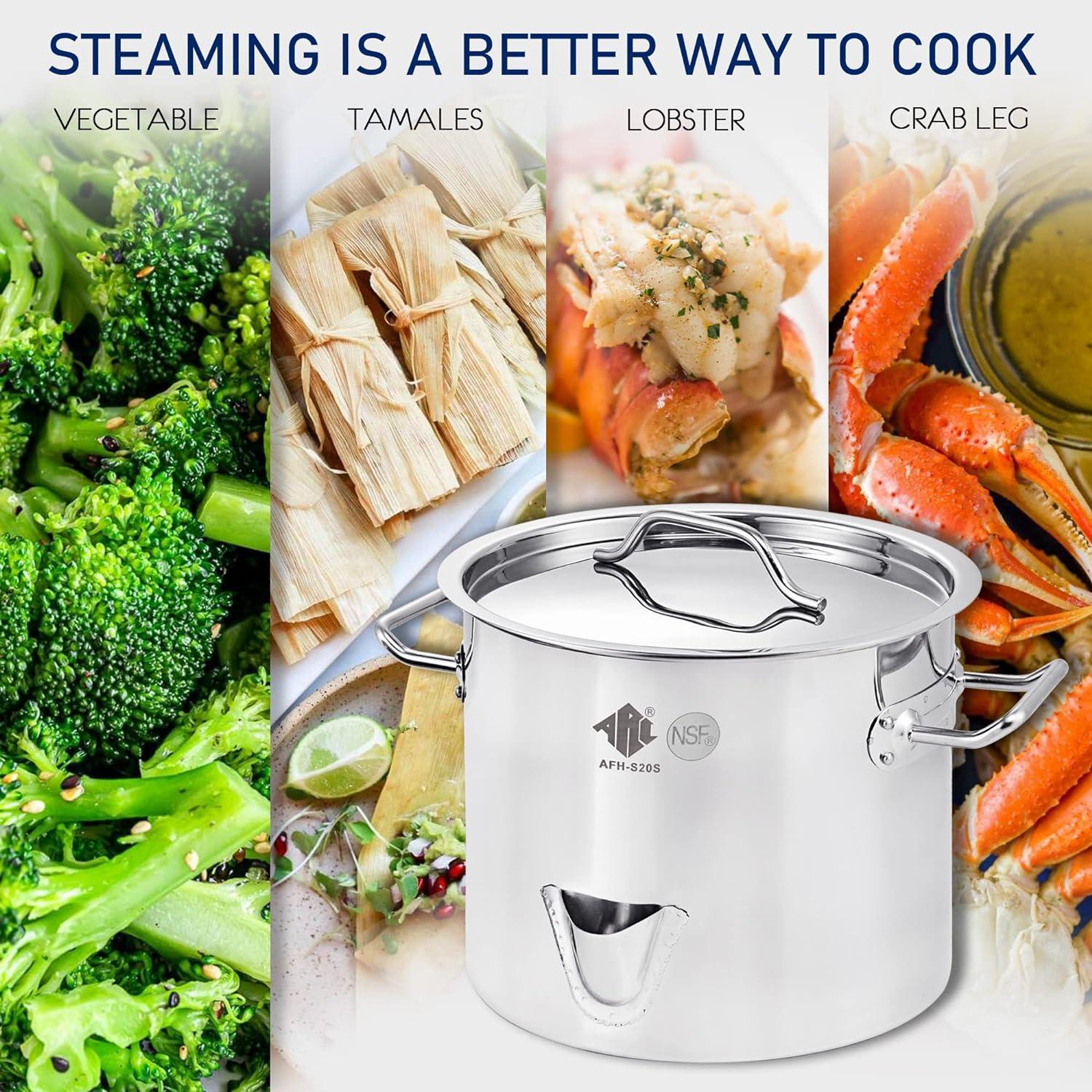 ARC Three in One 5 Gallon 20QT Stainless Steel Tamale Steamer Pot  Stock Pot with Lid & Steamer Rach