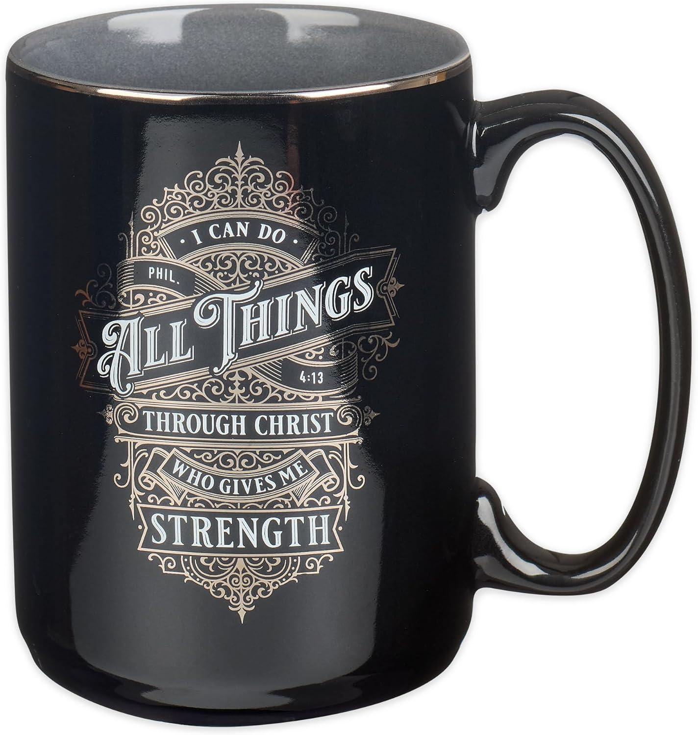 Christian Art Gifts Large Ceramic Bible Verse Coffee & Tea Mug for Men: I Can Do All Things - Phil. 4:13 Inspirational Scripture, Non-toxic & Lead-free Novelty Drinkware, Black/Gray/Silver, 14 oz.