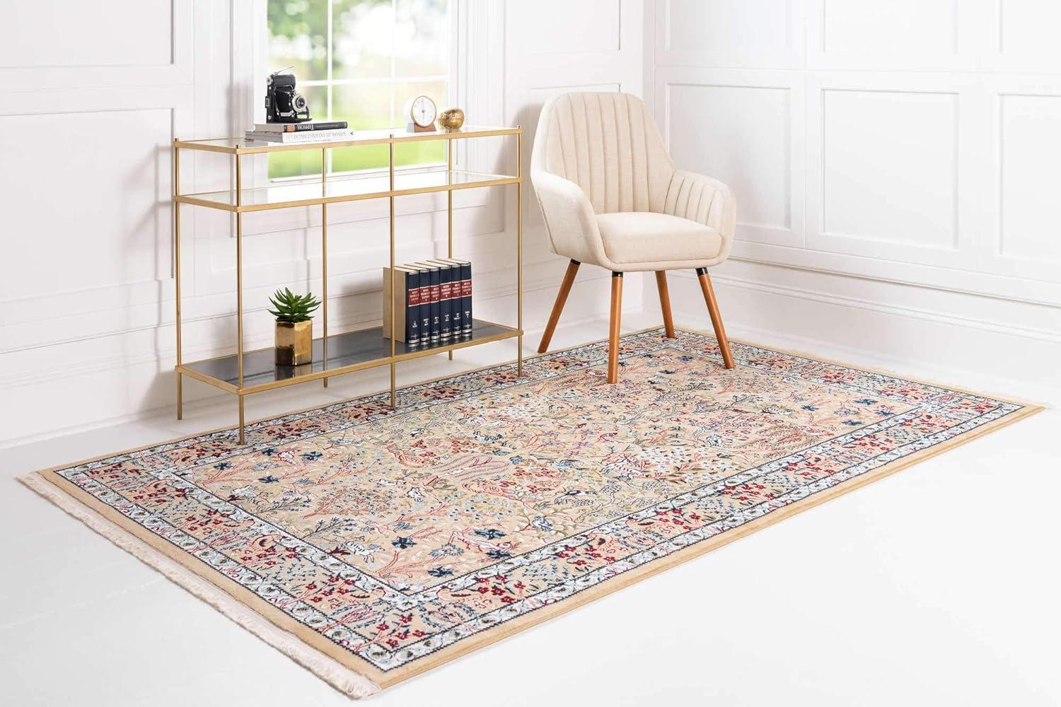 Beige Rectangular Synthetic Easy-Care Stain-Resistant Rug