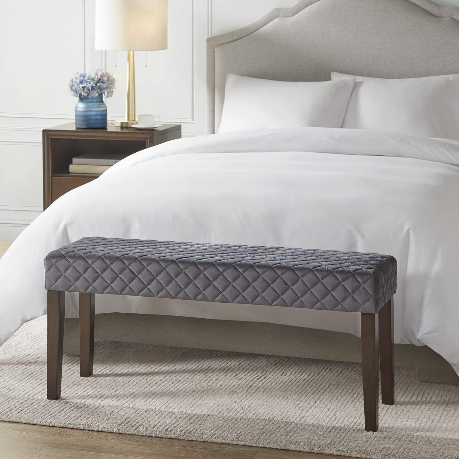 Cheshire Gray Diamond Quilted Upholstered Accent Bench with Moroccan Wood Legs