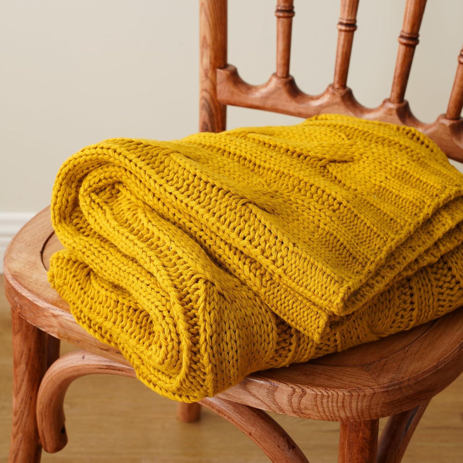 Battilo Mustard Cable Knit Blankets,Yellow Herringbone Blankets,Dorm Essentials,50" x 60"