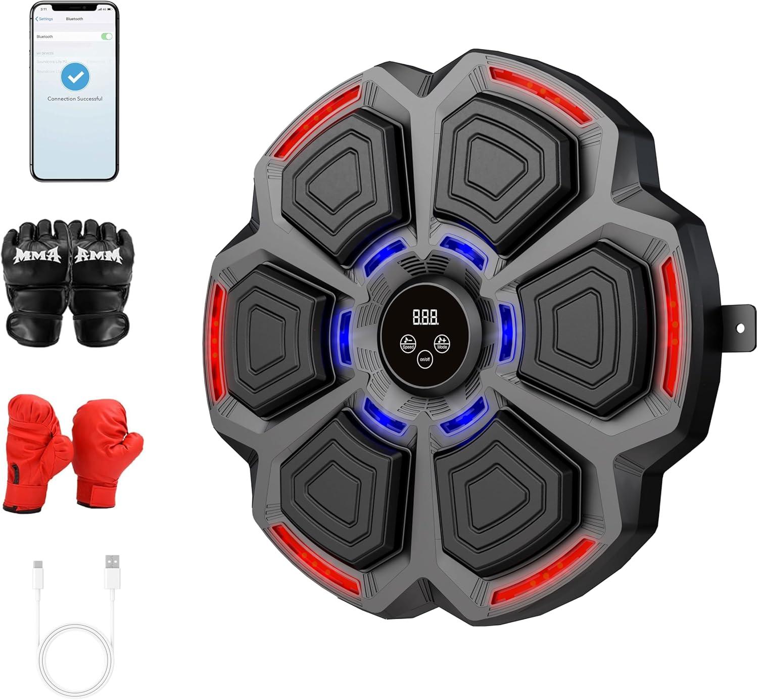 Music Boxing Machine for Adults : Smart Bluetooth Wall Mounted Punching Trainer with Gloves - Interactive Boxing Target - Workout Boxing Equipment for Home Gym Office