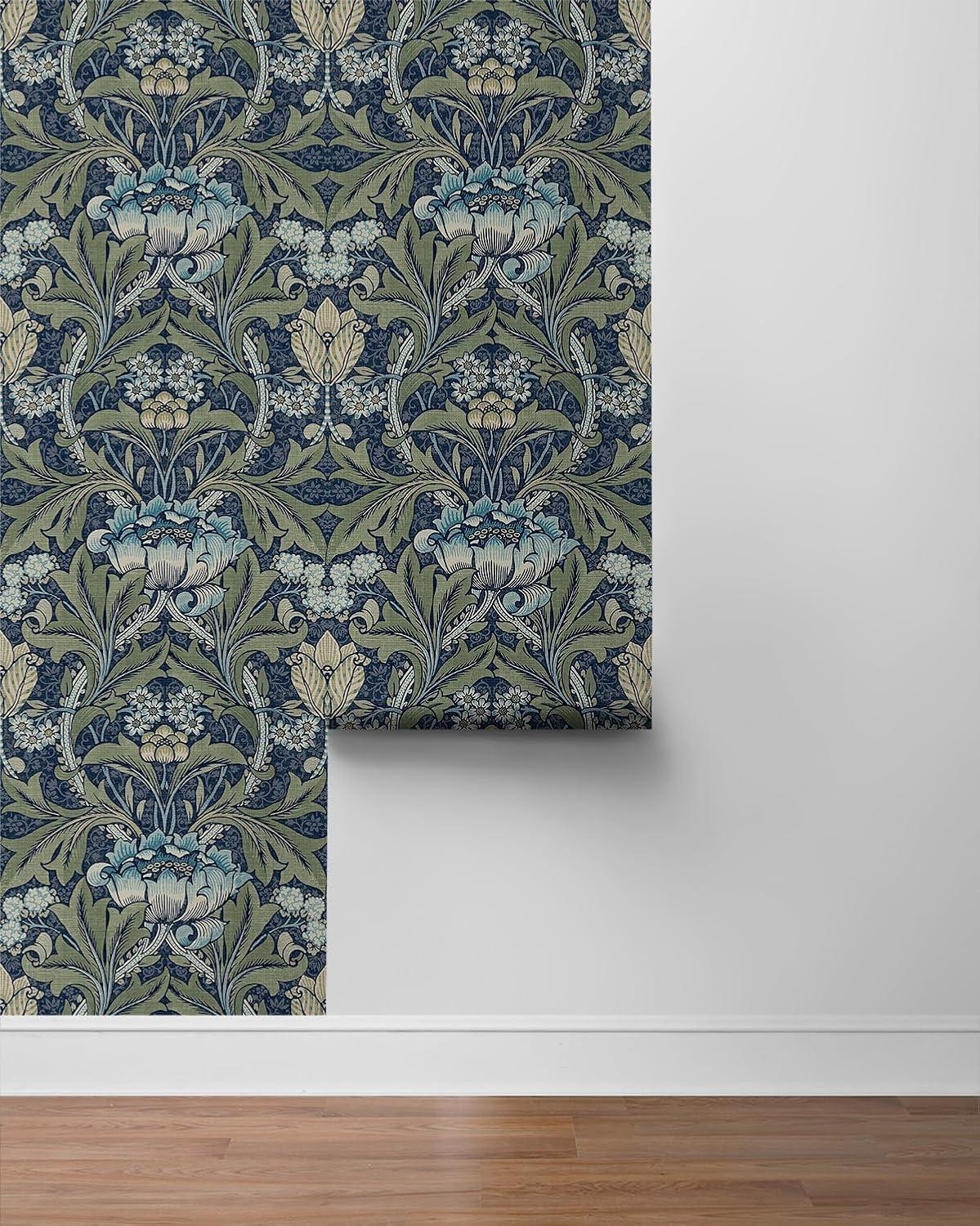 Seabrook Designs  Acanthus Floral Prepasted Wallpaper 20.5 in. W x 33 ft. L - Denim & Sage