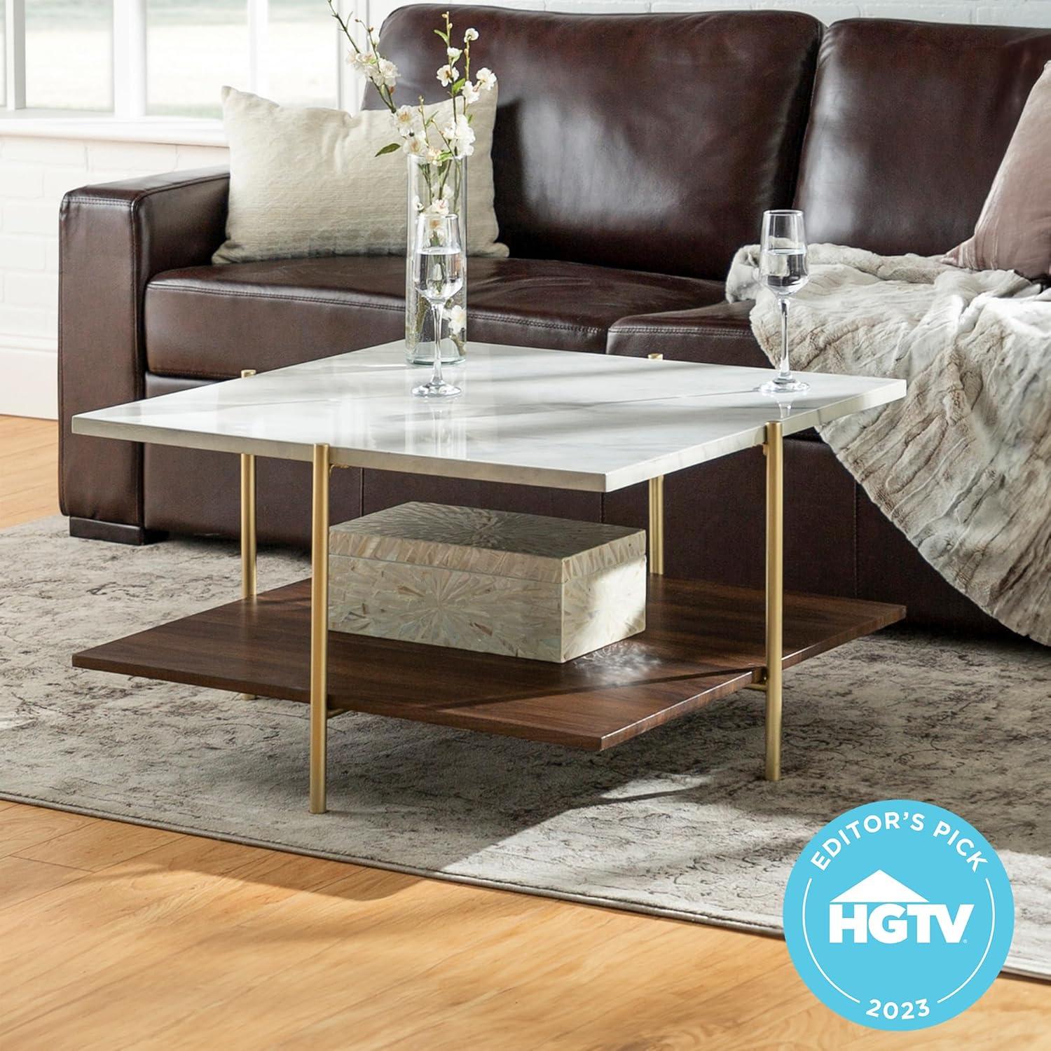 32 inch Square Coffee Table in Faux Marble and Gold
