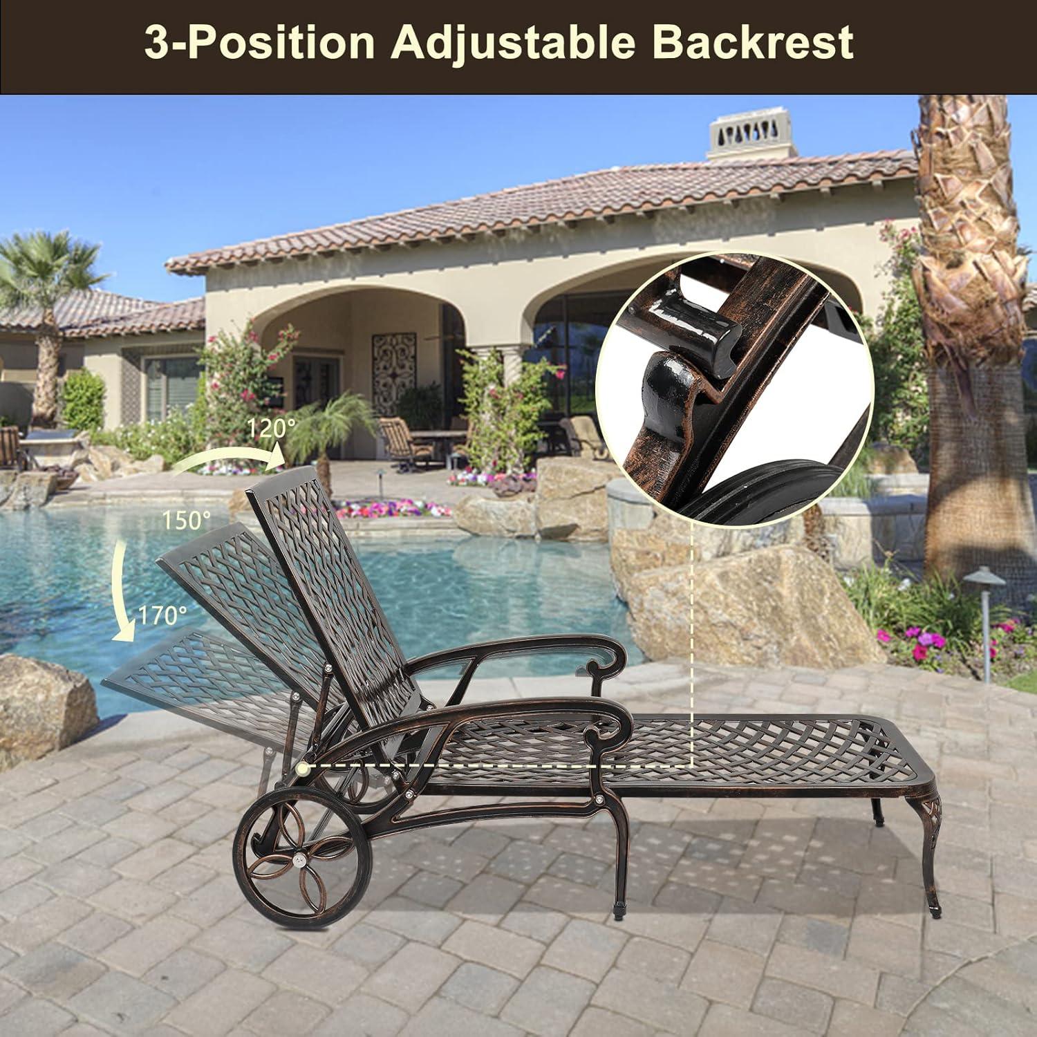 VINGLI Cast Aluminum Outdoor Chaise Lounge Chair with Wheels, Patio Chaise Lounge with 3-Position Adjustable Backrest, Outdoor Tanning Chair Patio Lounge Chair (Bronze, Without Cushion)
