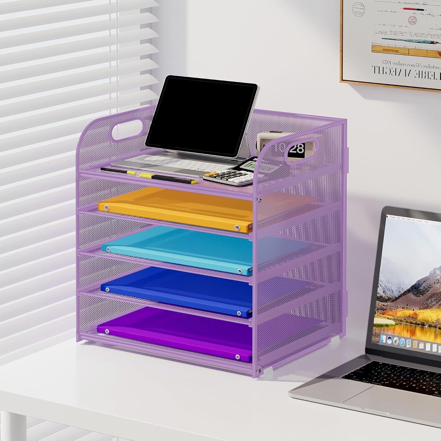 Marbrasse Paper Organizer Letter Tray, 5 Tier Mesh File Organizer with Handle, Paper Sorter Desk Organizer for Home Office Supplies - Purple