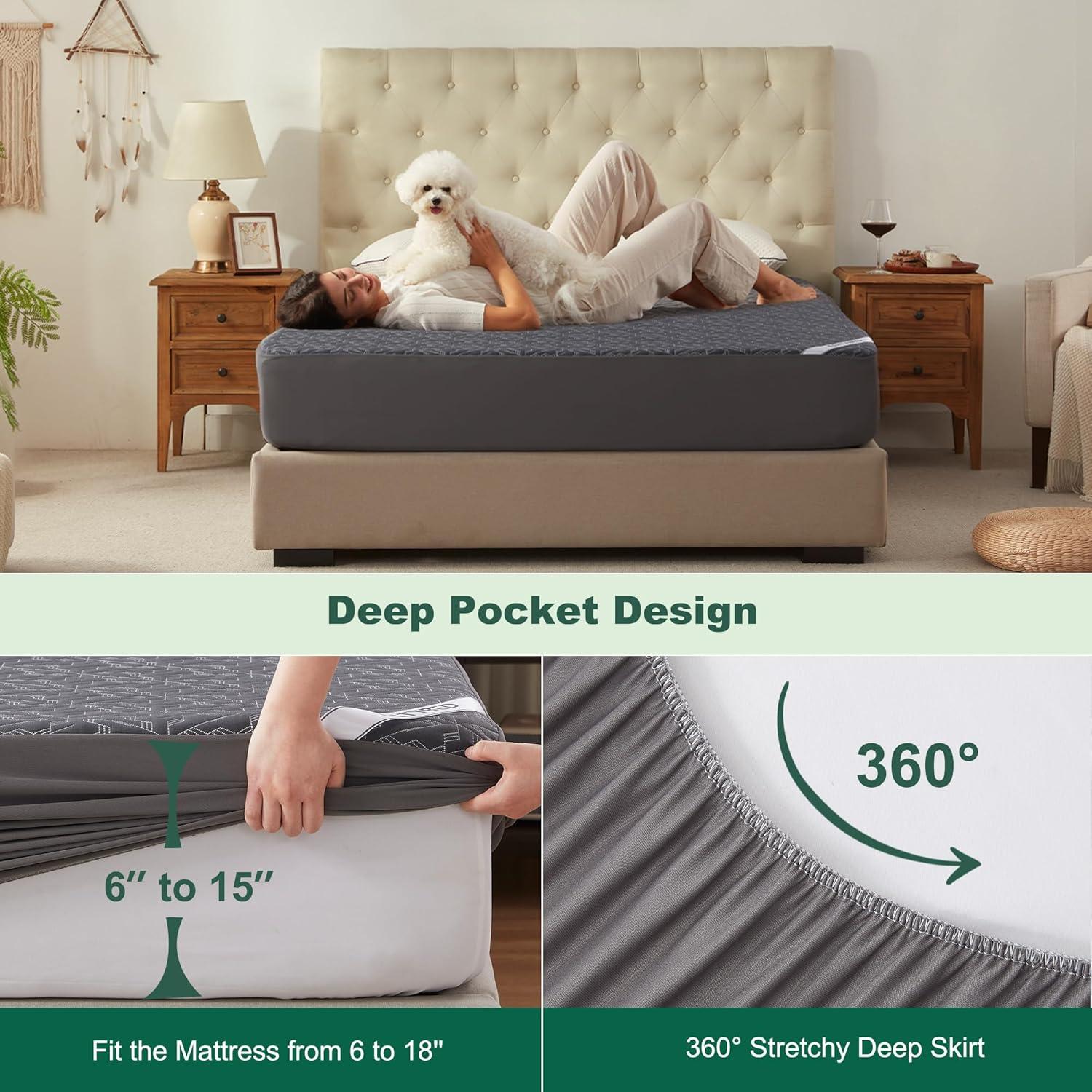 Queen Size Waterproof Mattress Protector, 40% Rayon Derived From Bamboo Grey Mattress Pad Cover, 3D Air Fabric Breathable Mattress Pad Fitted With Deep Pocket 6"- 15" Machine Washable