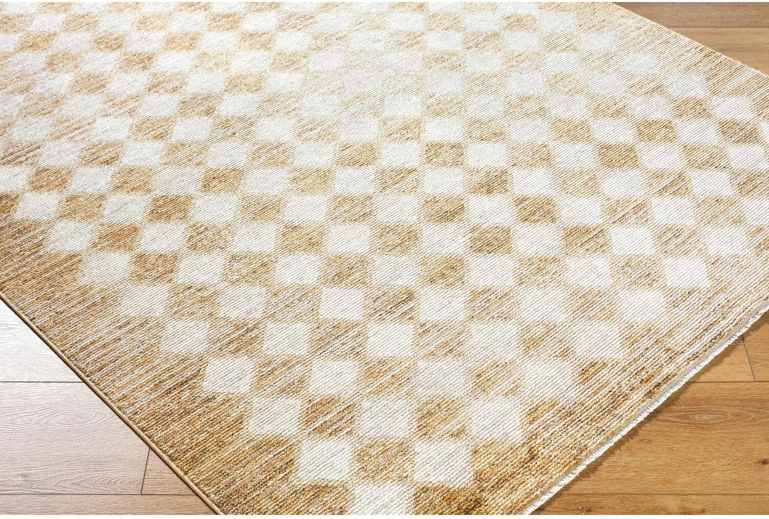 Taupe and Cream Rectangular Synthetic Checkered Area Rug