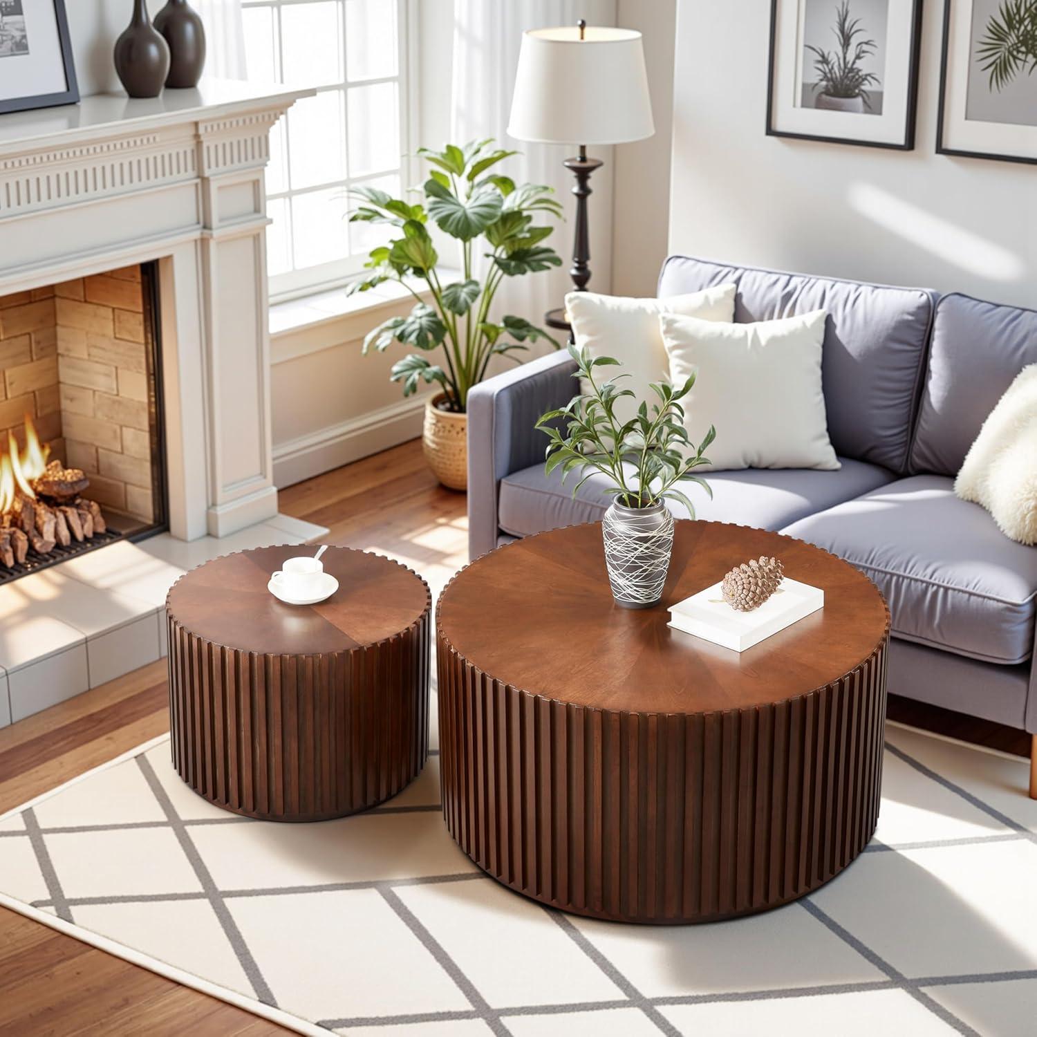 Handcraft Round Coffee Table Set of 2,Brown Nesting Side Table End Table,Modern Drum Side Table for Small Space,Living Room,Office,Bedroom-Cuddlewood