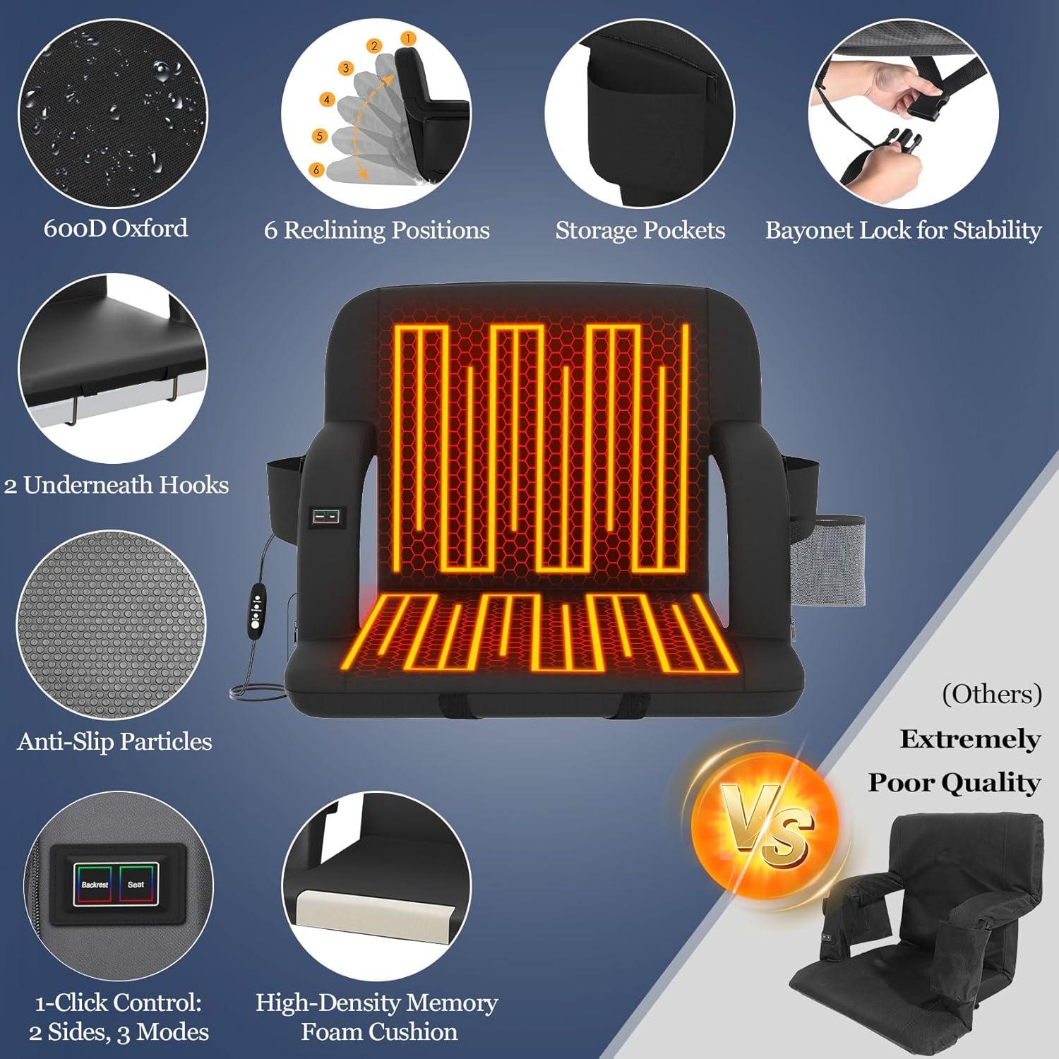 PNKKODW 21" 2PCS Foldable Heated Stadium Seats for Bleachers w/ Back Support, Extra Portable Bleacher Seat, USB 3 Levels of Heat, 5 Pockets for Outdoor Camping Games Sports(No Battery)