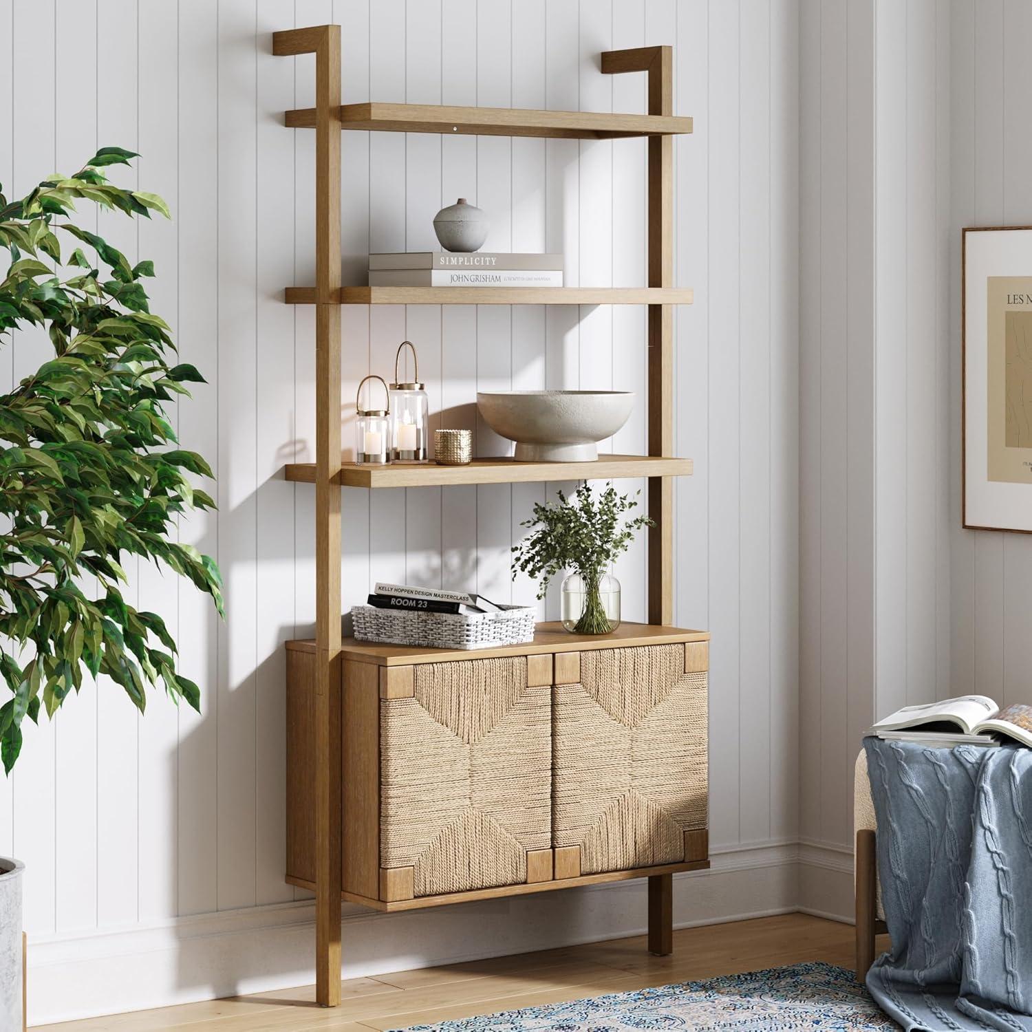 Brown Wood 3-Shelf Bookcase with Seagrass Doors