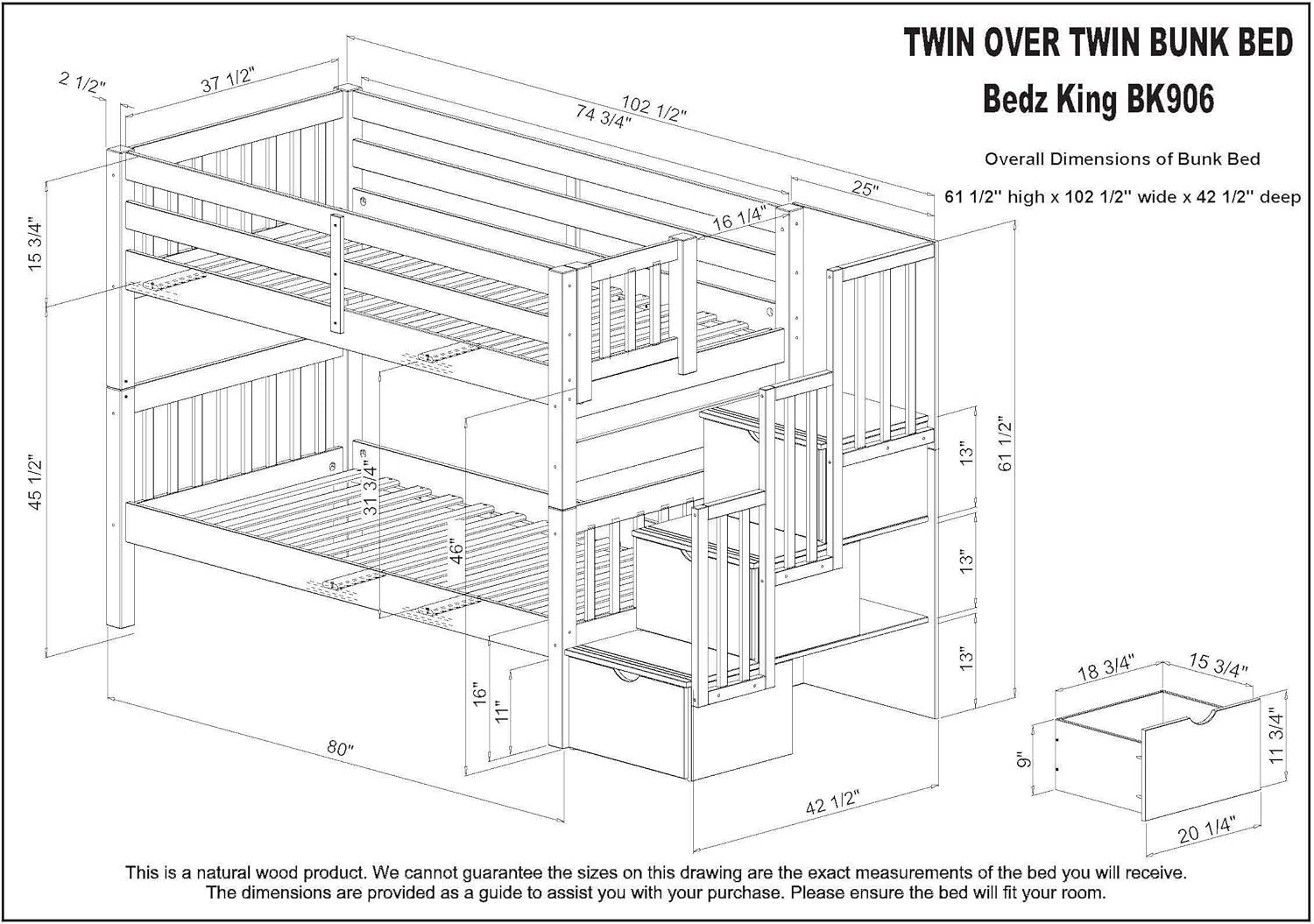 Bedz King Stairway Bunk Beds Twin over Twin with 3 Drawers in the Steps and a Twin Trundle, Gray