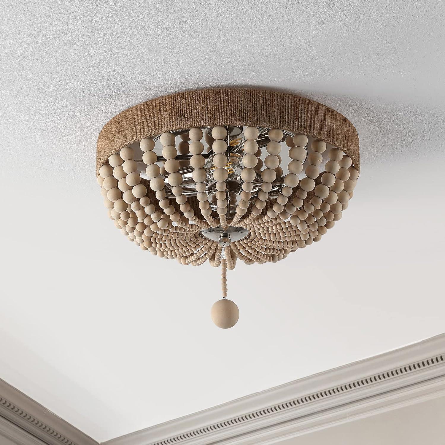 JONATHAN Y Justina Wood Bead 14" 2-Light Farmhouse Bohemian Iron LED Flush Mount, Light Taupe/Chrome, JYL1307A