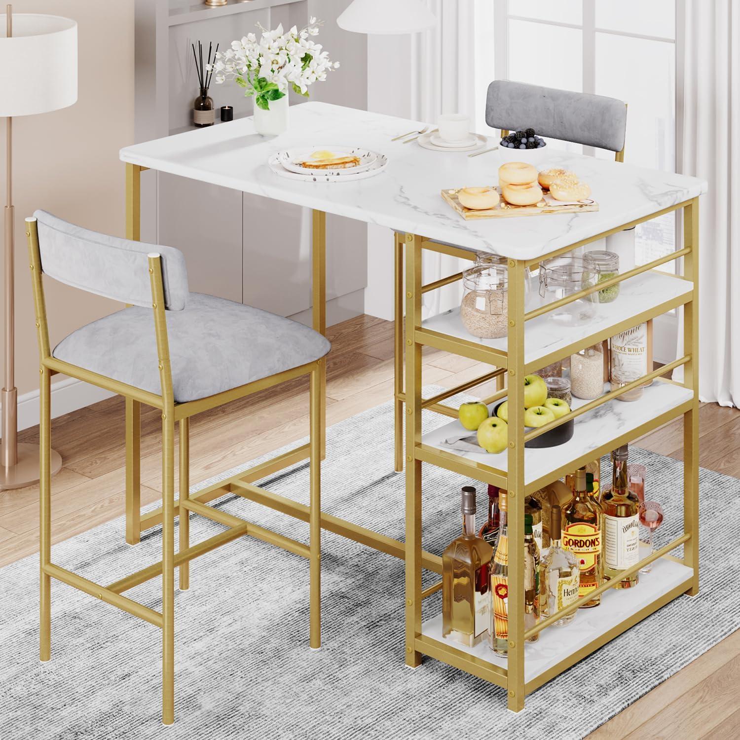 Gold and Gray 3-Piece Dining Set with Storage Shelves