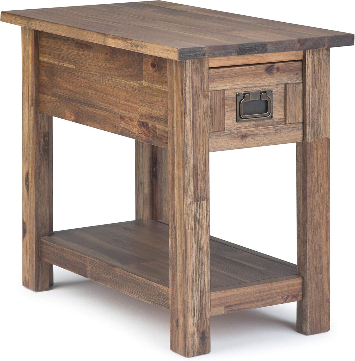 Rustic Natural Aged Brown Acacia Wood Narrow Side Table with Storage