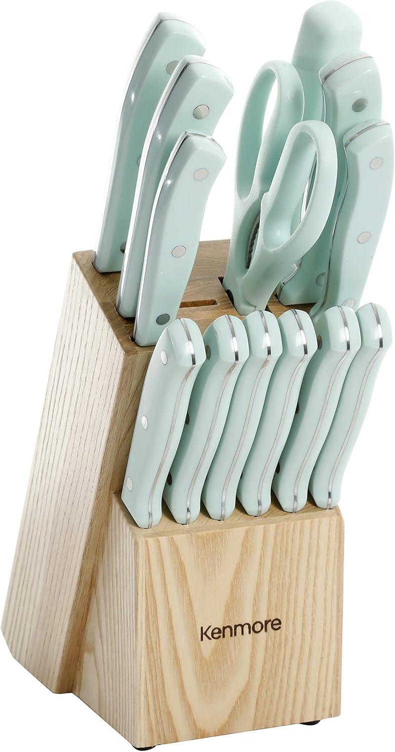 Kenmore Kane 14-Piece Glacier Blue Stainless Steel Cutlery Set with Rubber Wood Block