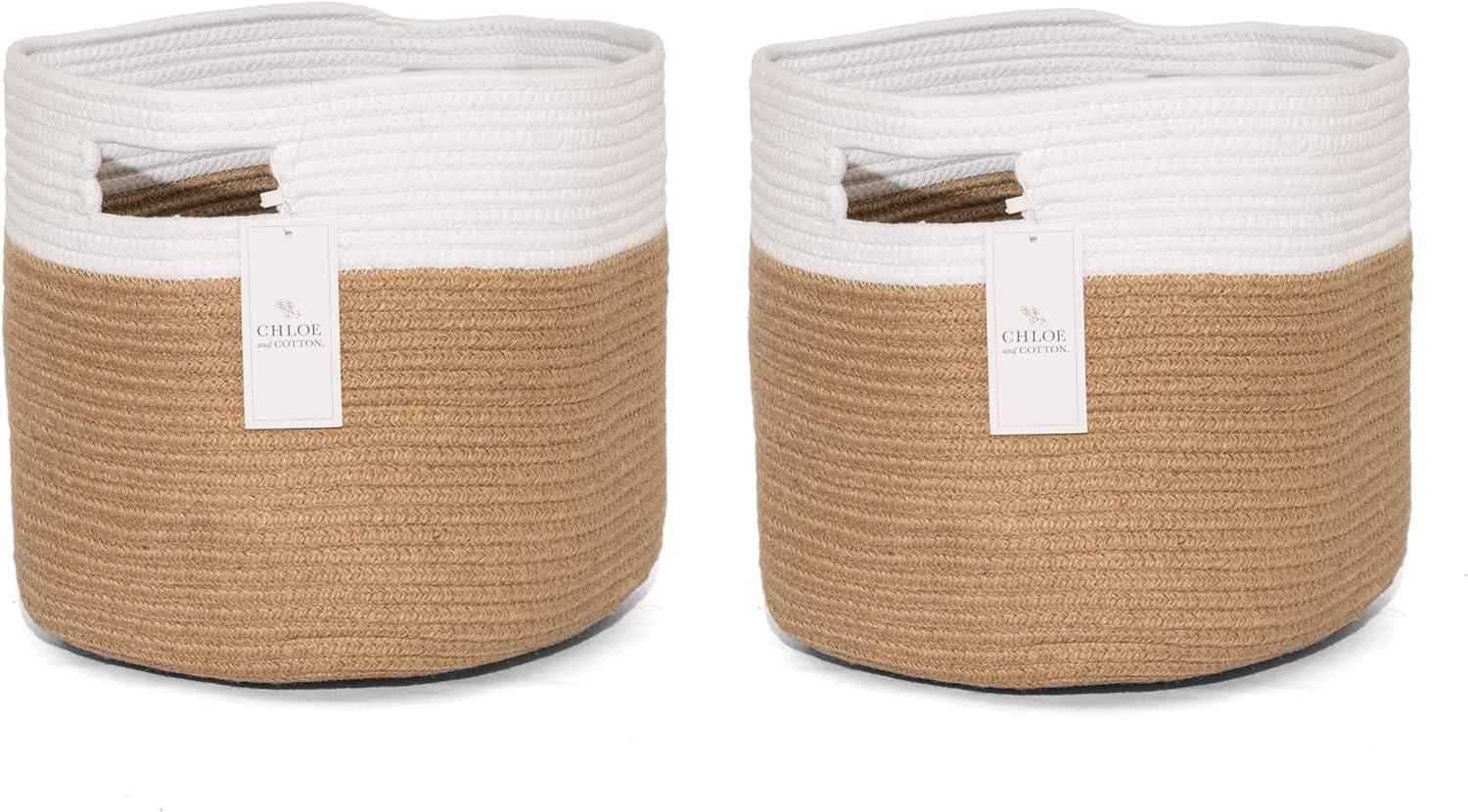 Chloe and Cotton Jute Baskets with Handles for Organizing Storage - Beige/White - Set of 2