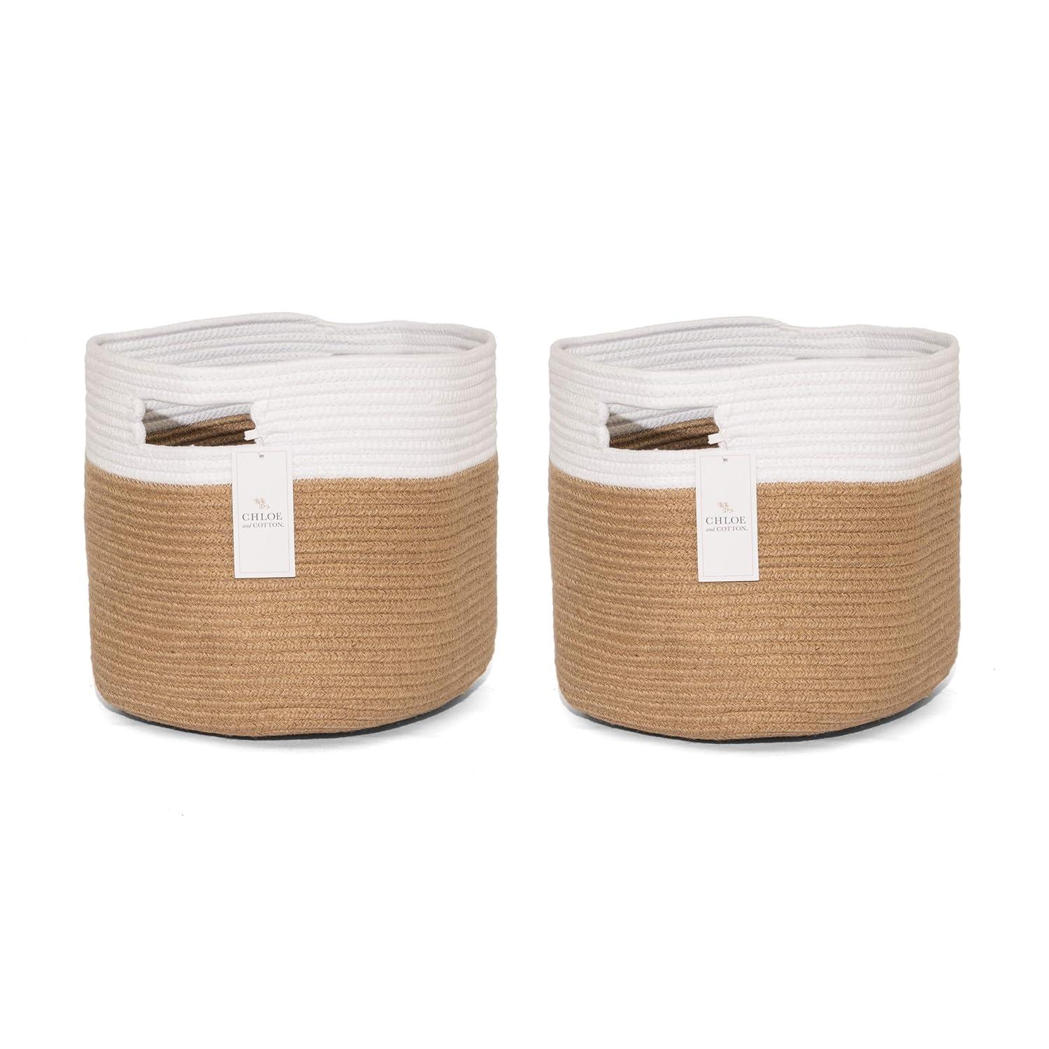 Chloe and Cotton Jute Baskets with Handles for Organizing Storage - Beige/White - Set of 2