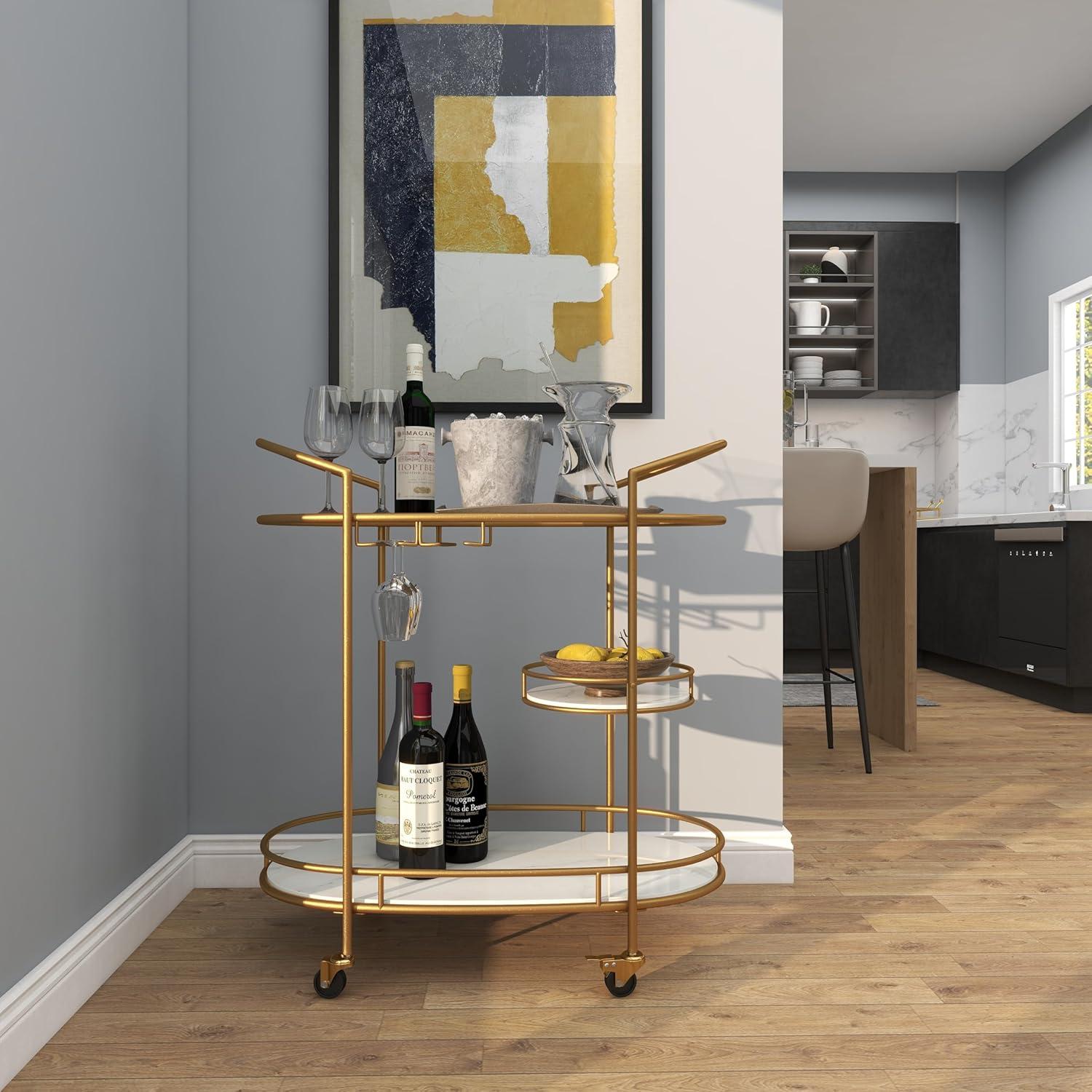 Elegant Gold Oval 3-Tier Marble and Glass Bar Cart with Wheels