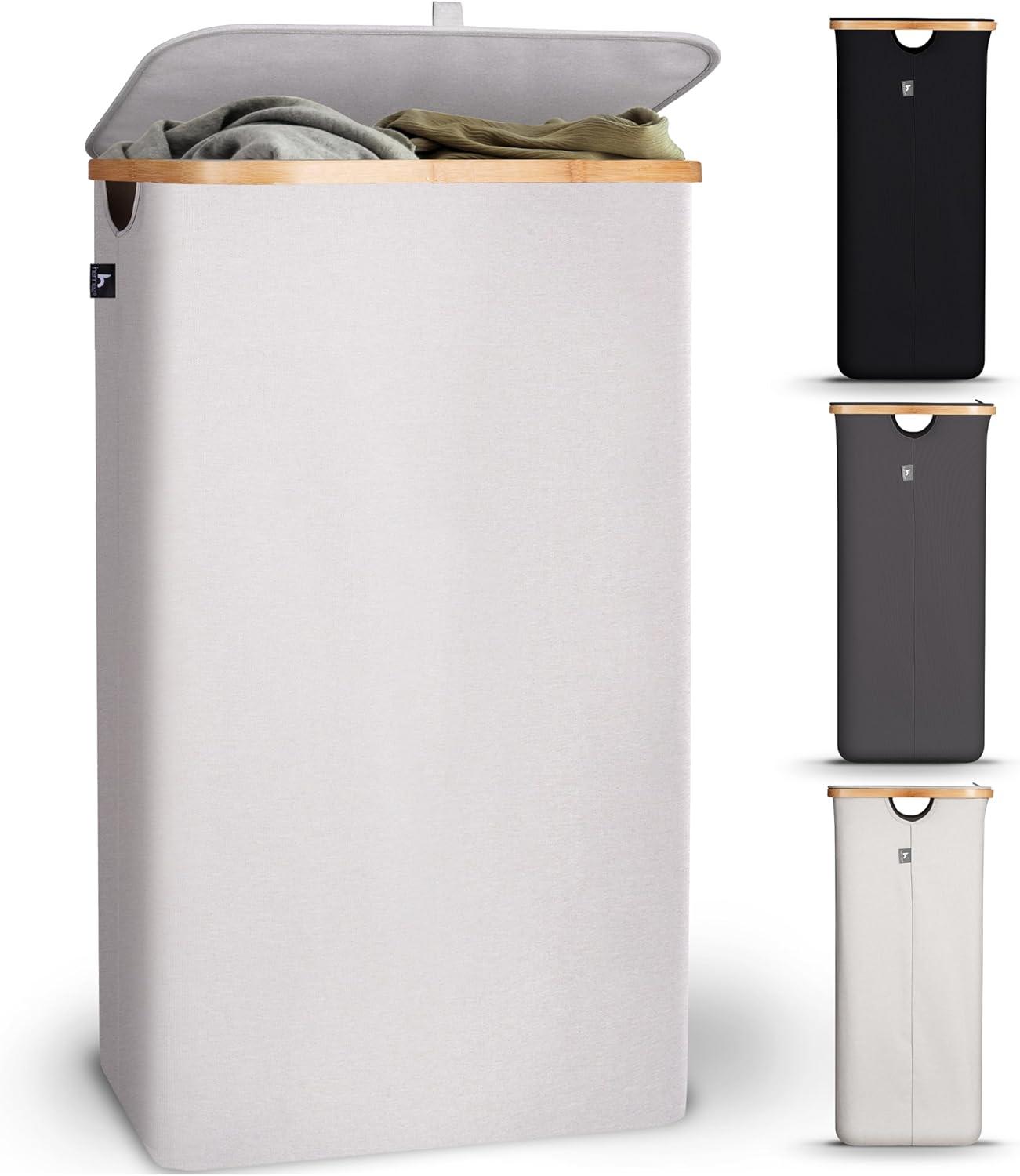 Hennez® Double Laundry Hamper with Lid, 2x Removable Bags, Thic Fabric, Bamboo Hamper 140Liter - 36gal - Light Gray