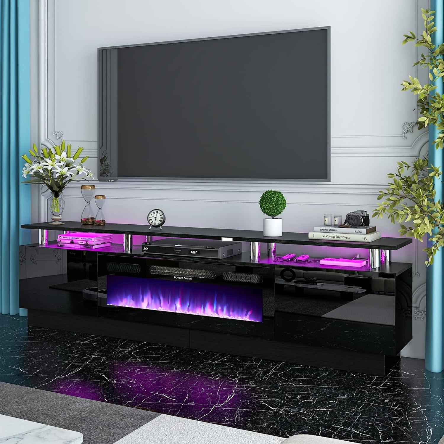 AOXUN Fireplace TV Stand with 36" Electric Fireplace, 80" 2 Tier TV Console Stand for TVs Up to 90", Black