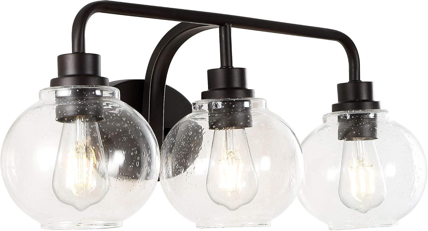 JONATHAN Y Sandrine 26.25" 3-Light Iron/Seeded Glass Cottage Rustic LED Vanity Light, Oil Rubbed Bronze