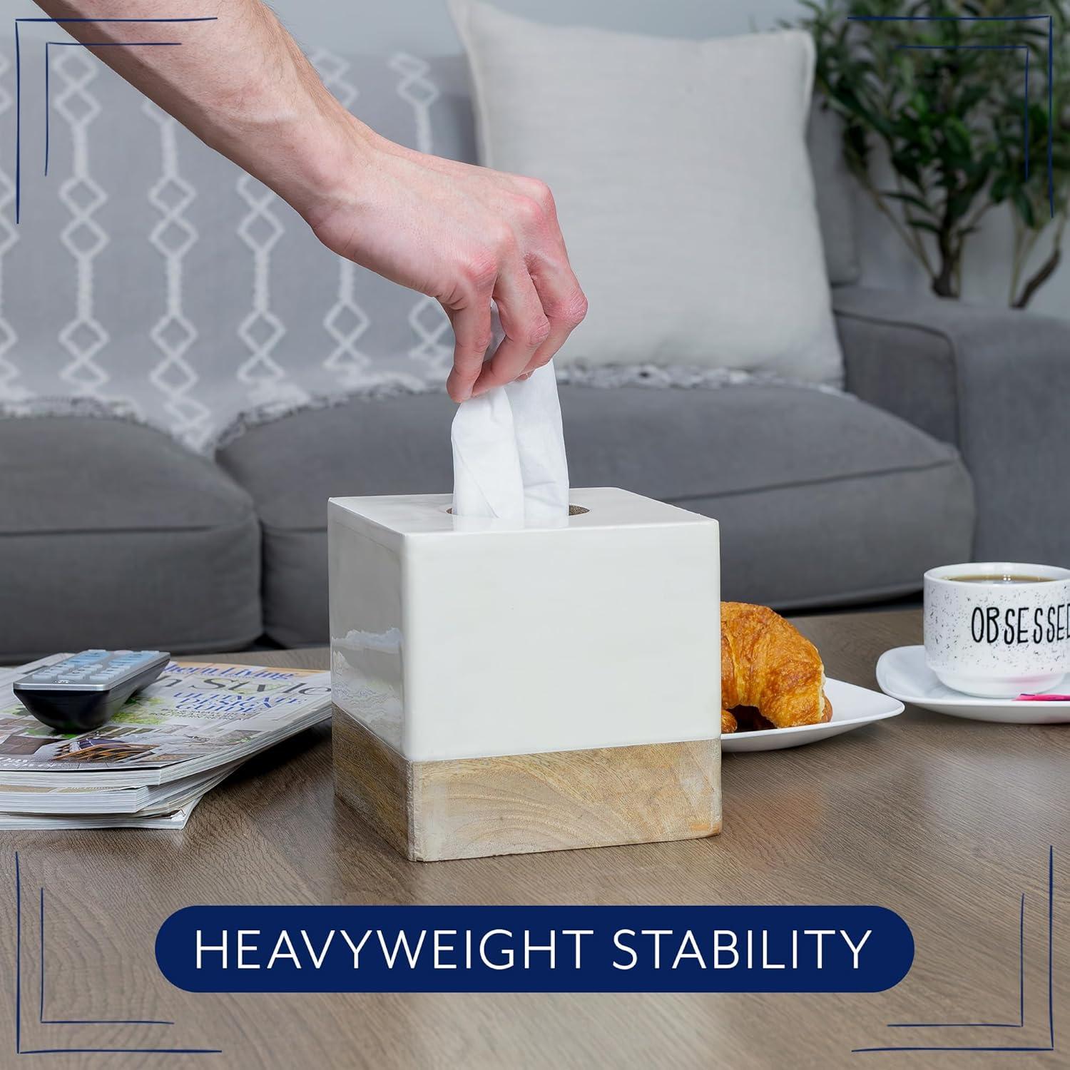 AuldHome Design Square Tissue Box Cover (Enamel/Mango Wood); Minimalist Scandinavian Decor White Cube Tissue Holder