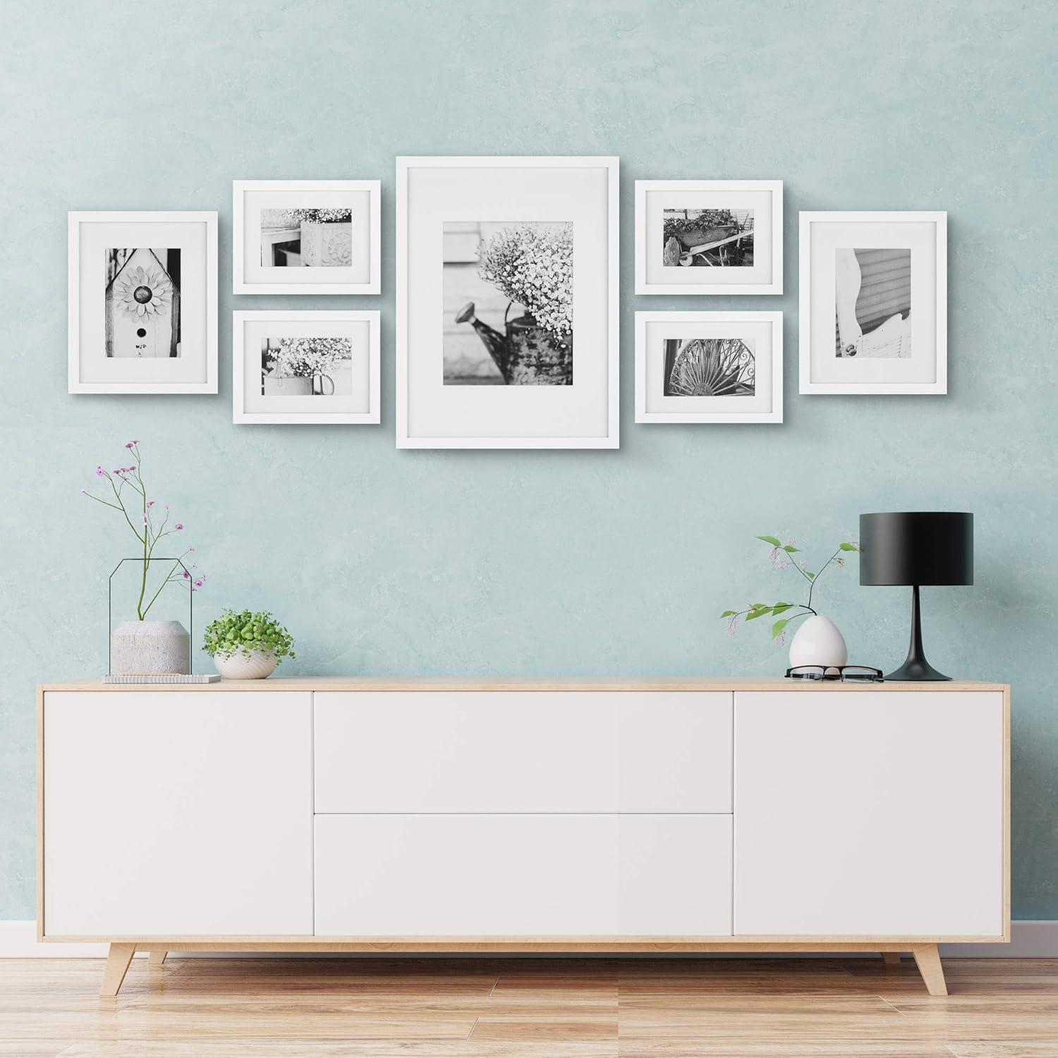 Gallery Wall Solid Wood Matted Picture Frame Kit - 7 Pieces with Two 8" x 10", Four 6" x 8", and One 12" x 16"