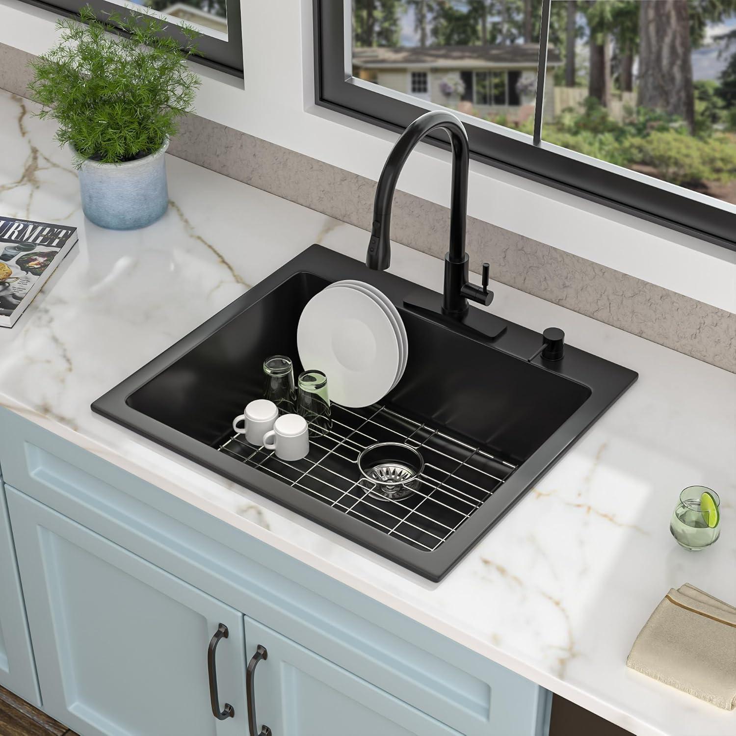 Quartz Kitchen Sink - 25X22" Black Granite Composite Drop In Kitchen Sink