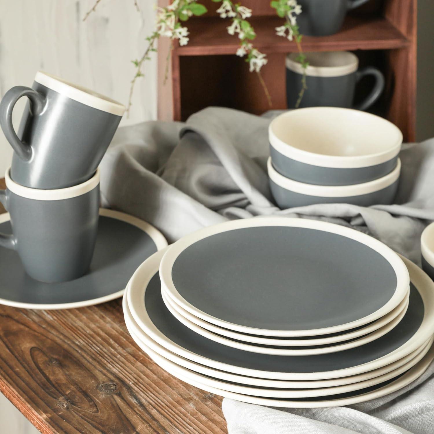 Stone Lain Serenity 16-Piece Stoneware Dinnerware Set, Service for 4, Green and Cream