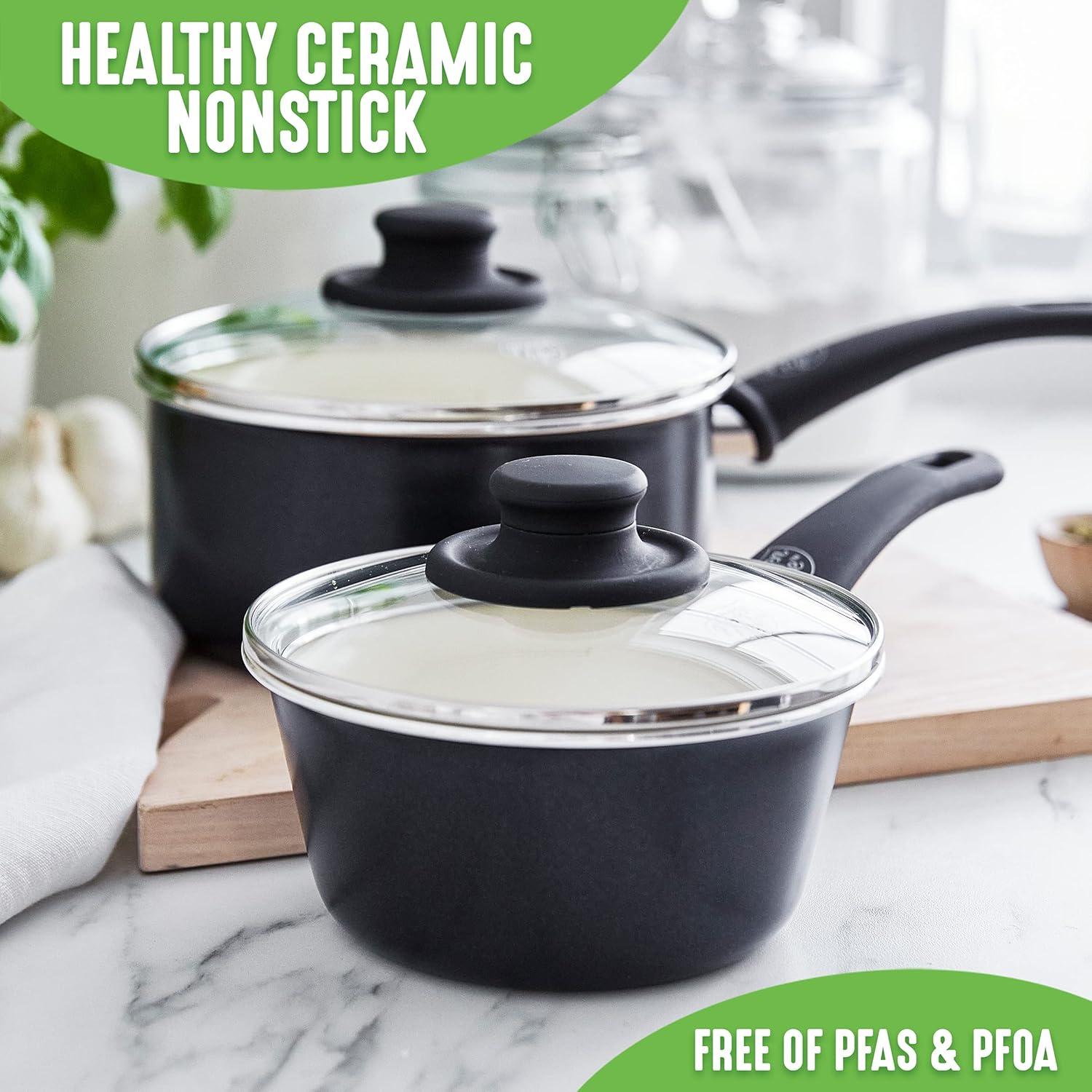 GreenLife GreenLife Soft Grip Healthy Ceramic Nonstick, 1QT And 2QT Saucepan Pot Set With Lids, Dishwasher Safe