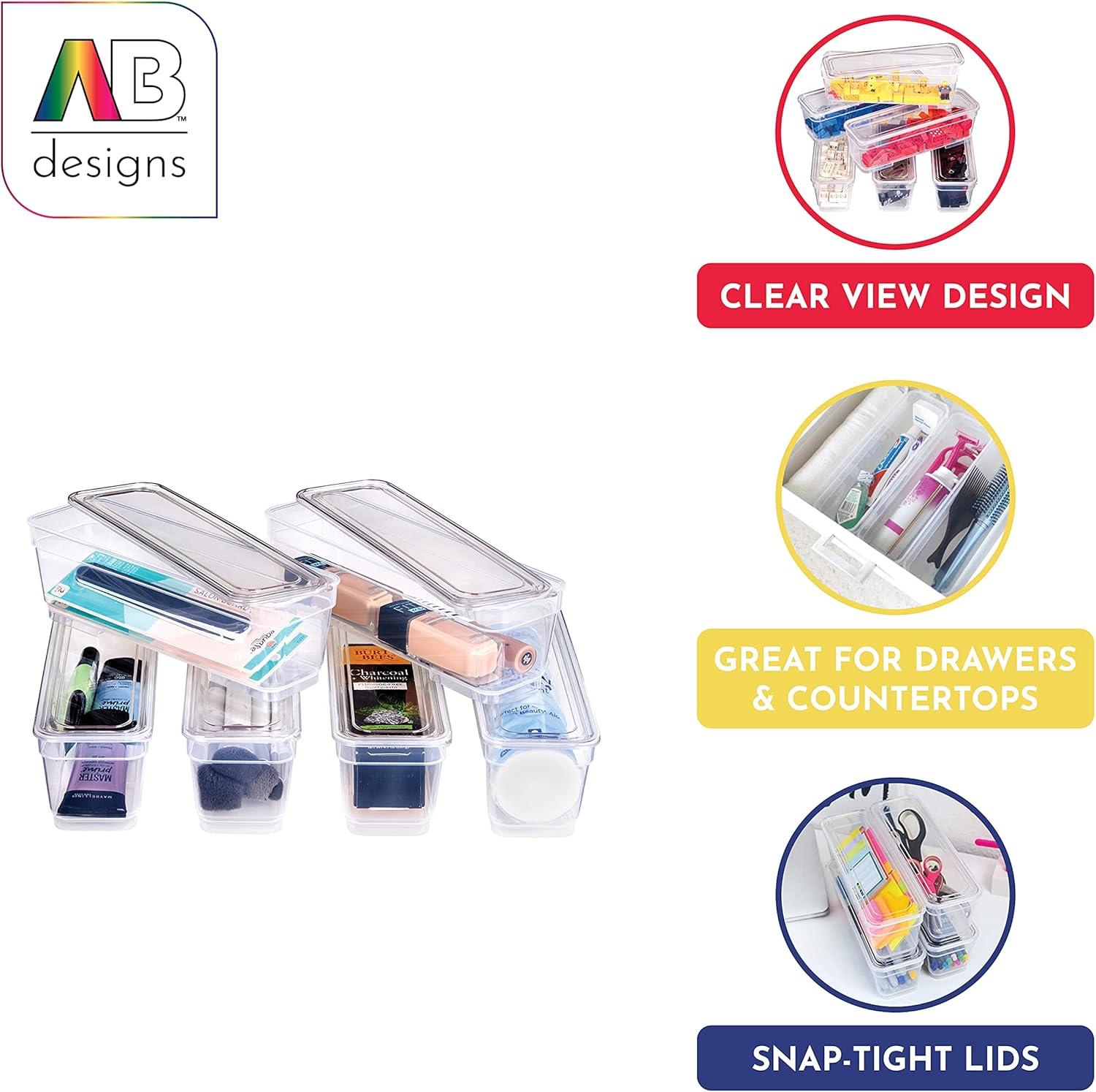 AB Designs Bin Pack, [6] Long Home Organizer Storage Boxes with Lids, Translucent Clear