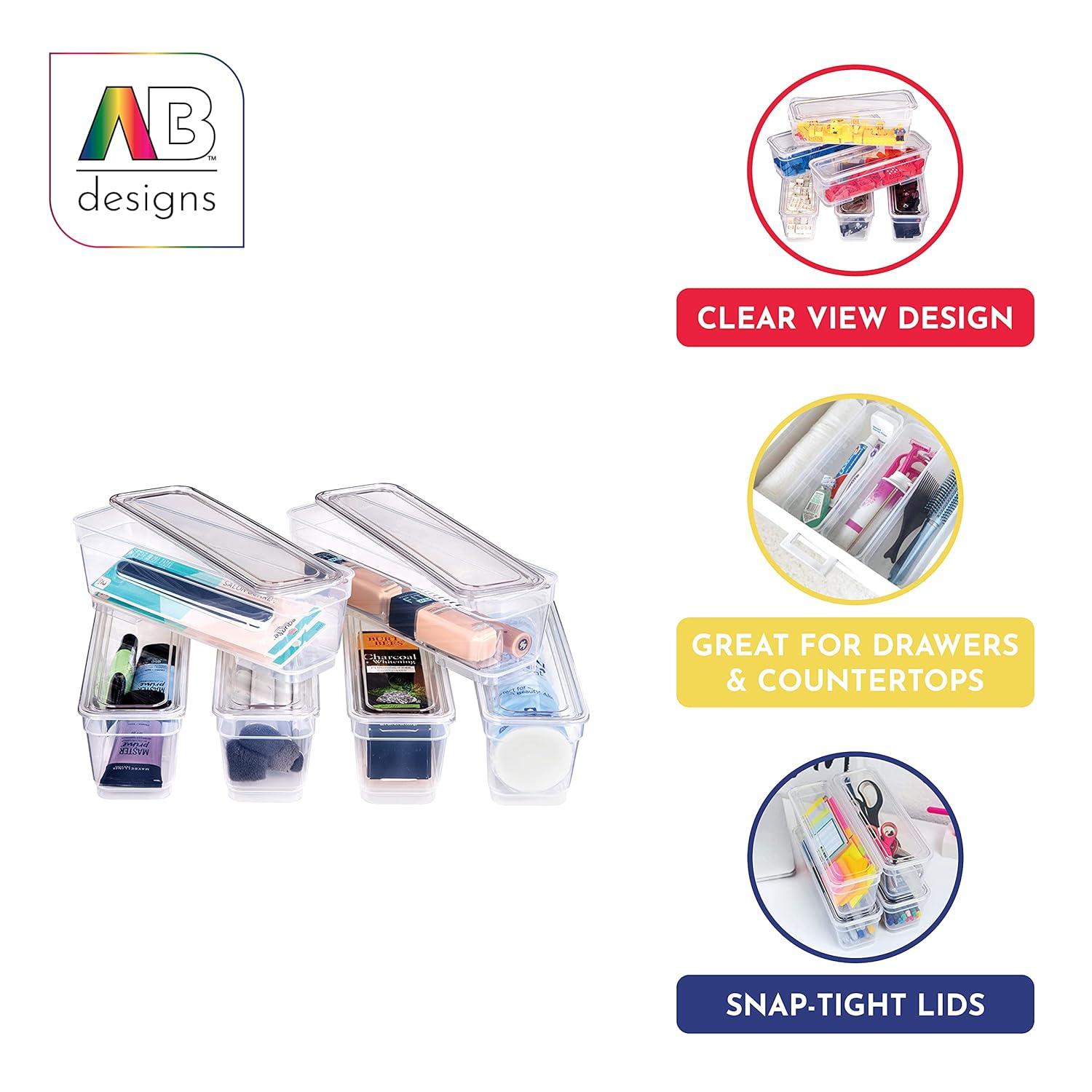 AB Designs Bin Pack, [6] Long Home Organizer Storage Boxes with Lids, Translucent Clear