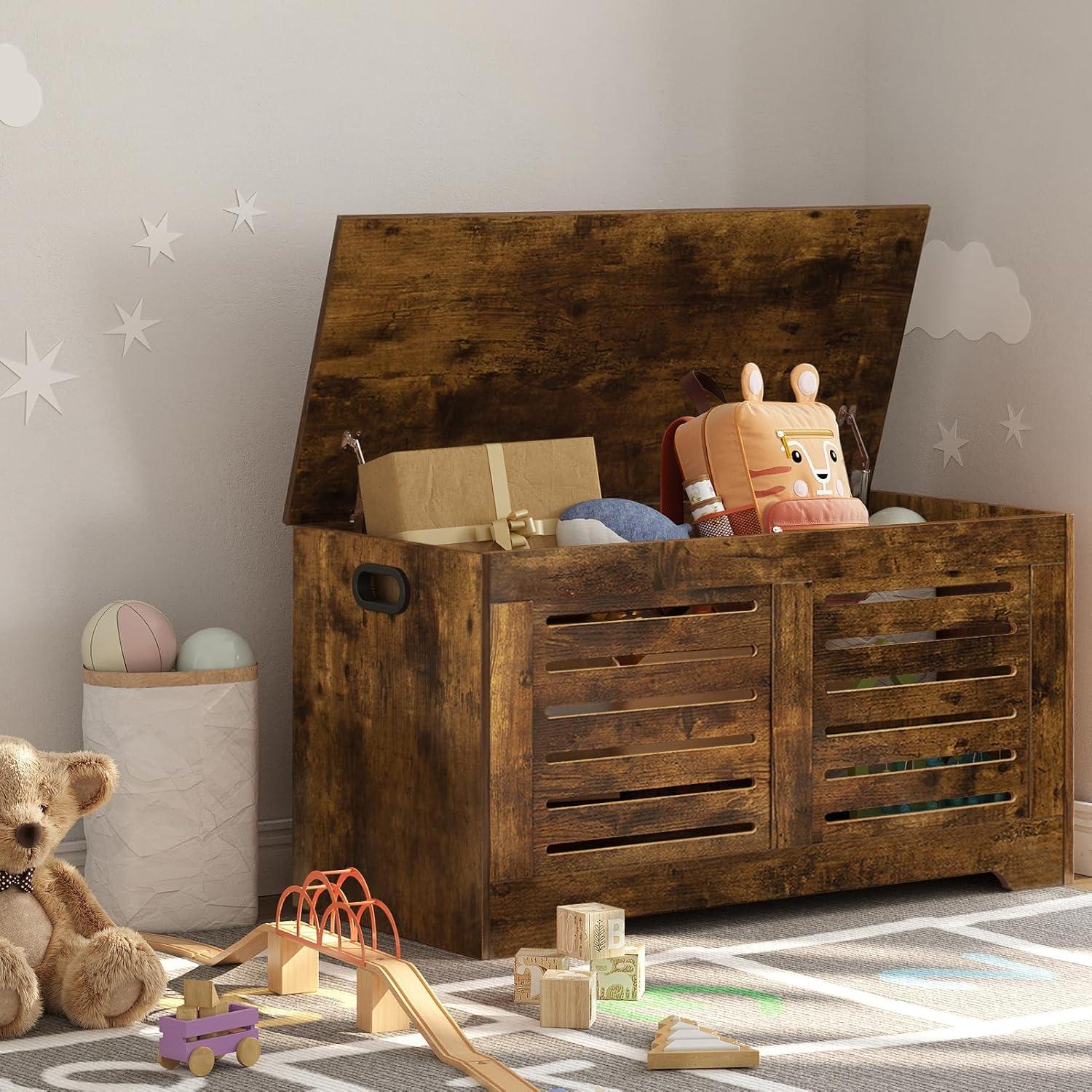 DINZI LVJ Storage Chest, Flip-Top Wooden Toy Box with 2 Safety Hinges, Retro Entryway Shoe Bench, Sturdy Large Storage Trunk for Living Room, Bedroom, Toddler Room, Easy Assembly, Rustic Brown