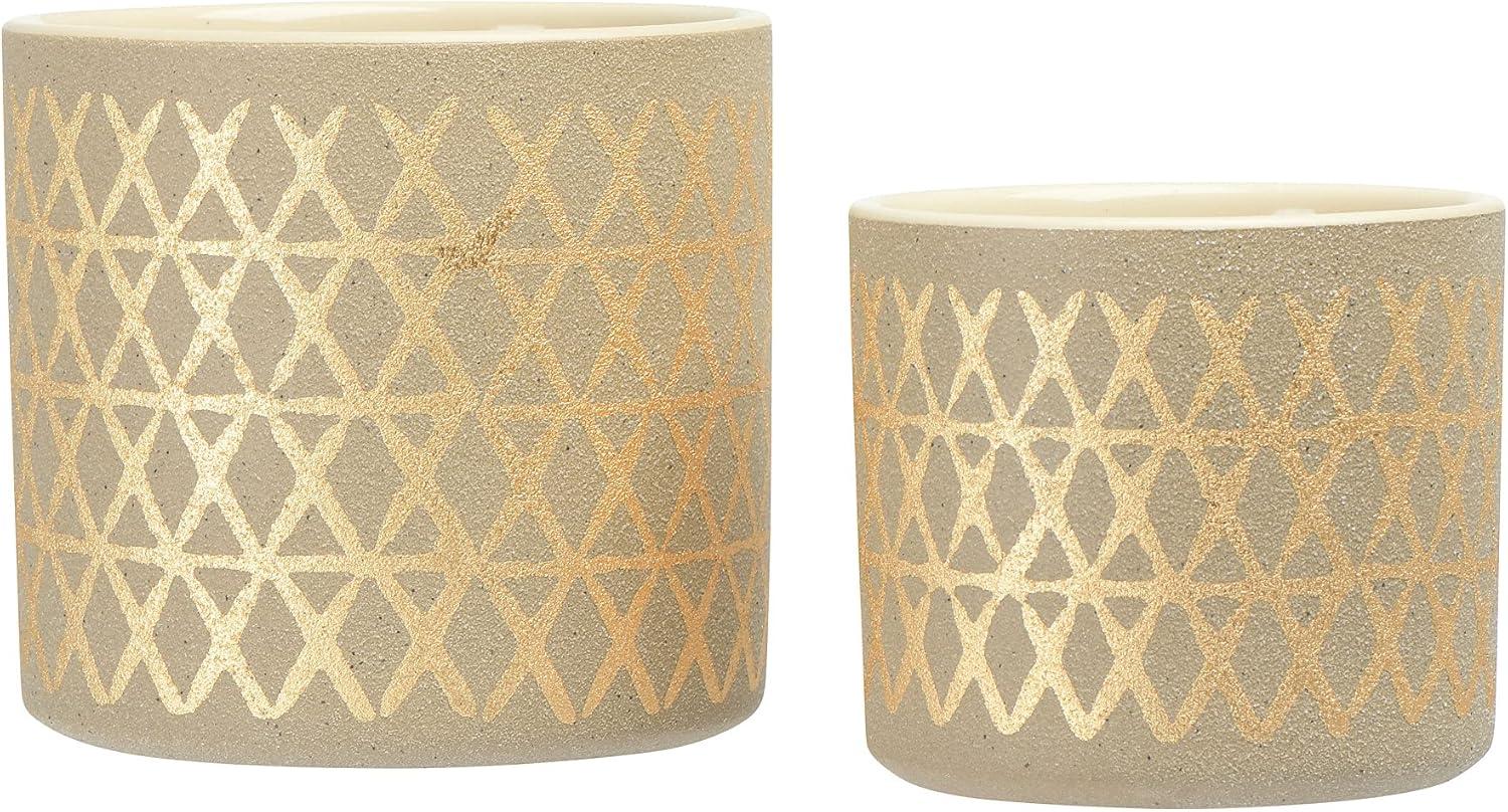 Taupe Stoneware Pots with Gold Pattern, Set of 2