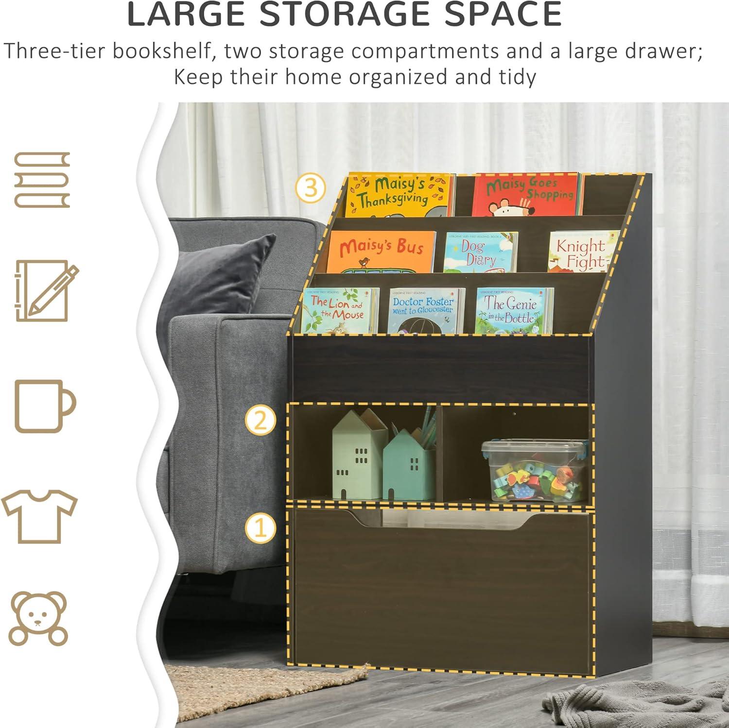 Brown MDF Kids Bookcase with Storage Drawer and Shelves