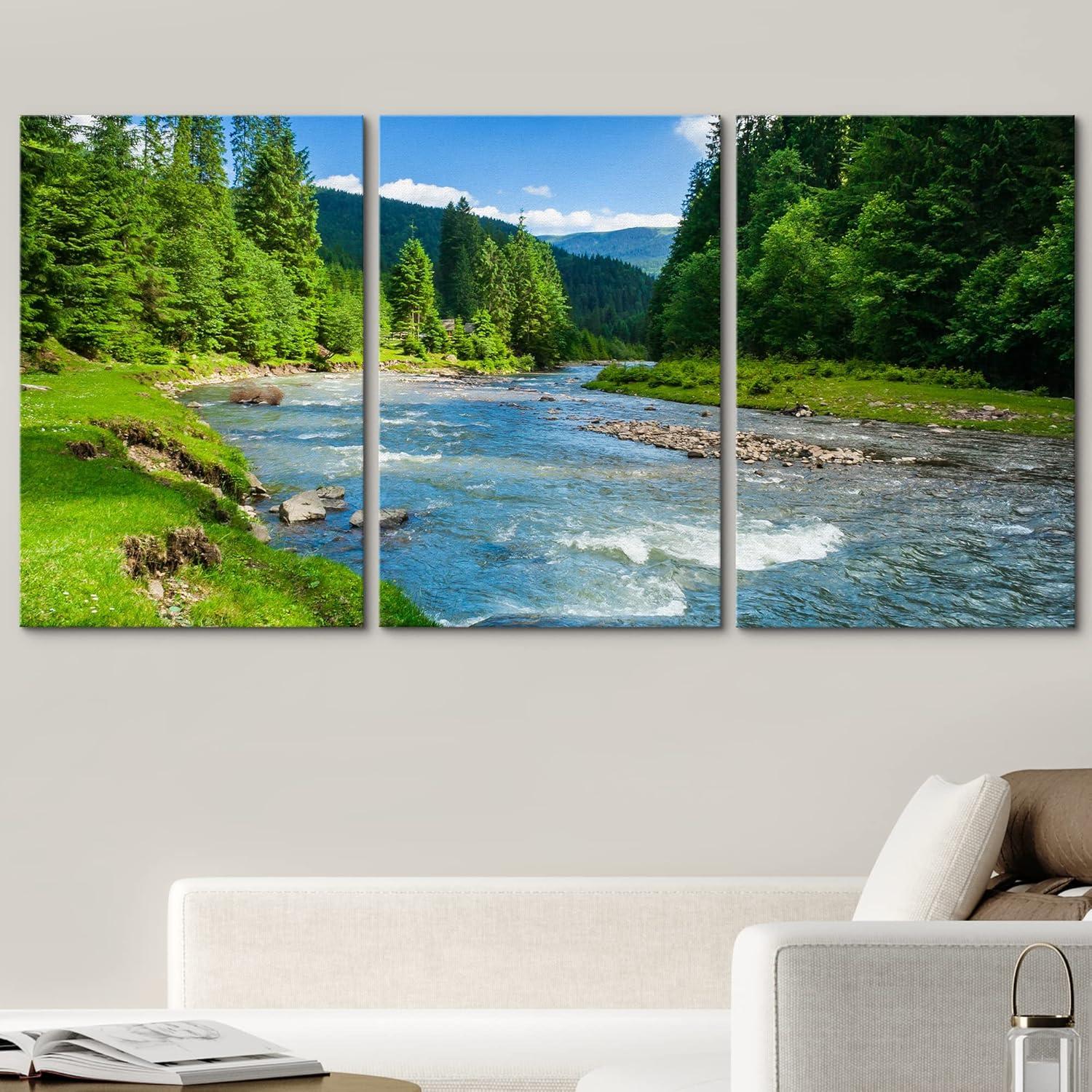 wall26 - 3 Piece Canvas Wall Art - Landscape with Mountains Trees and a River in Front - Modern Home Art Stretched and Framed Ready to Hang - 16"x24"x3 Panels