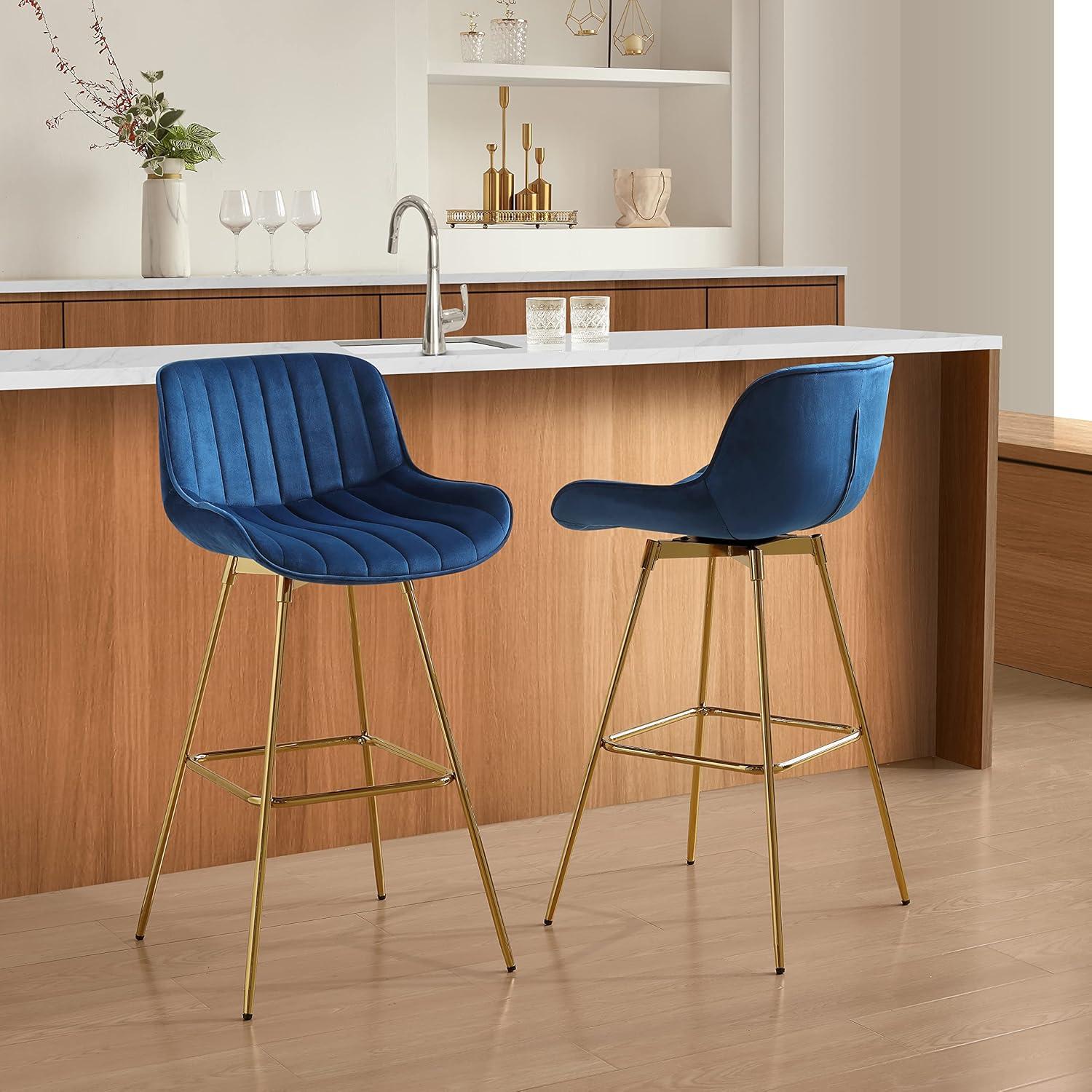 Art Leon Counter Height Bar Stools, 26" Height Swivel Velvet, Island Stools with Golden Metal Legs, Set of 2, Blue