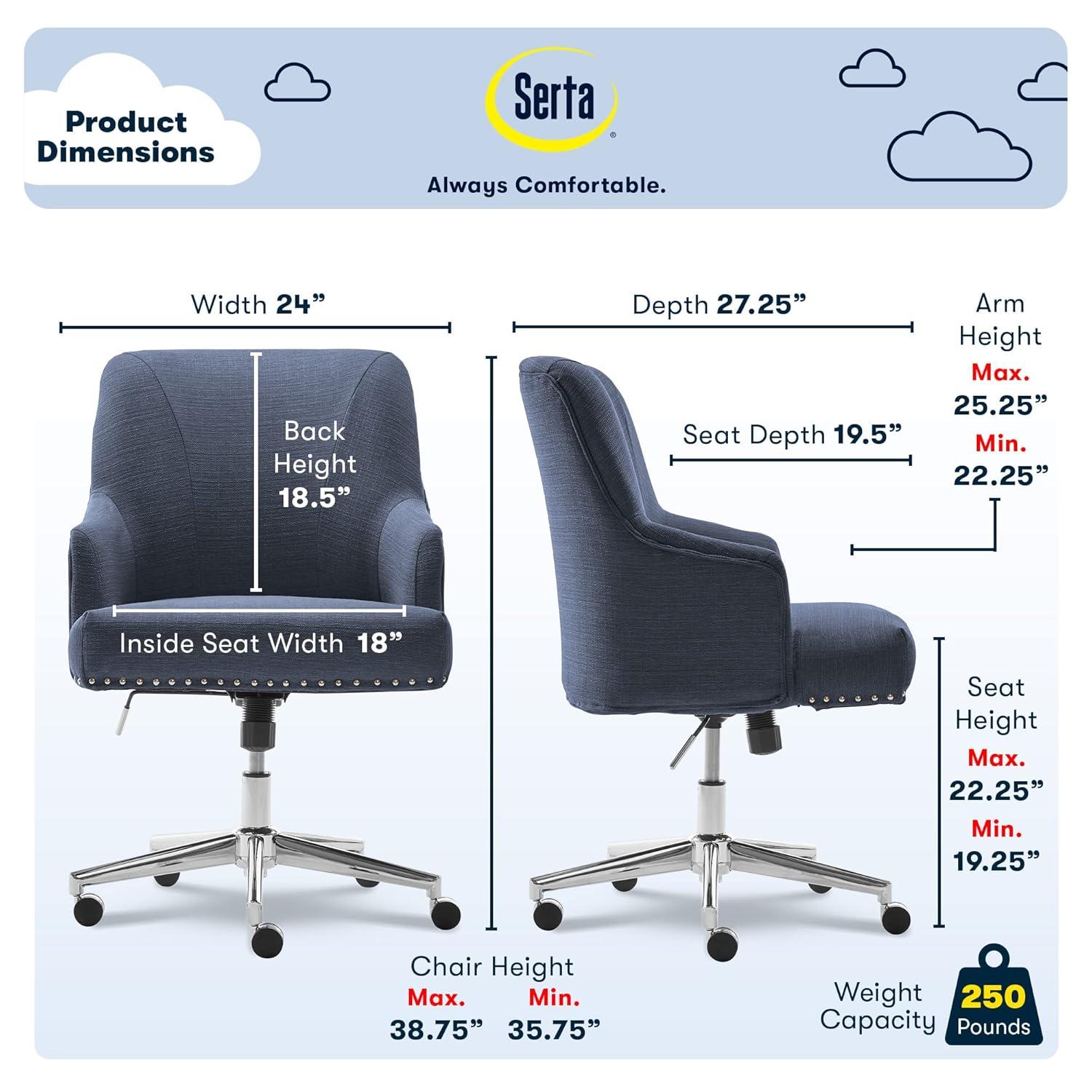Style Leighton Home Office Chair Sanctuary Blue - Serta: Swivel, Adjustable, Wood Frame, Fixed Arms