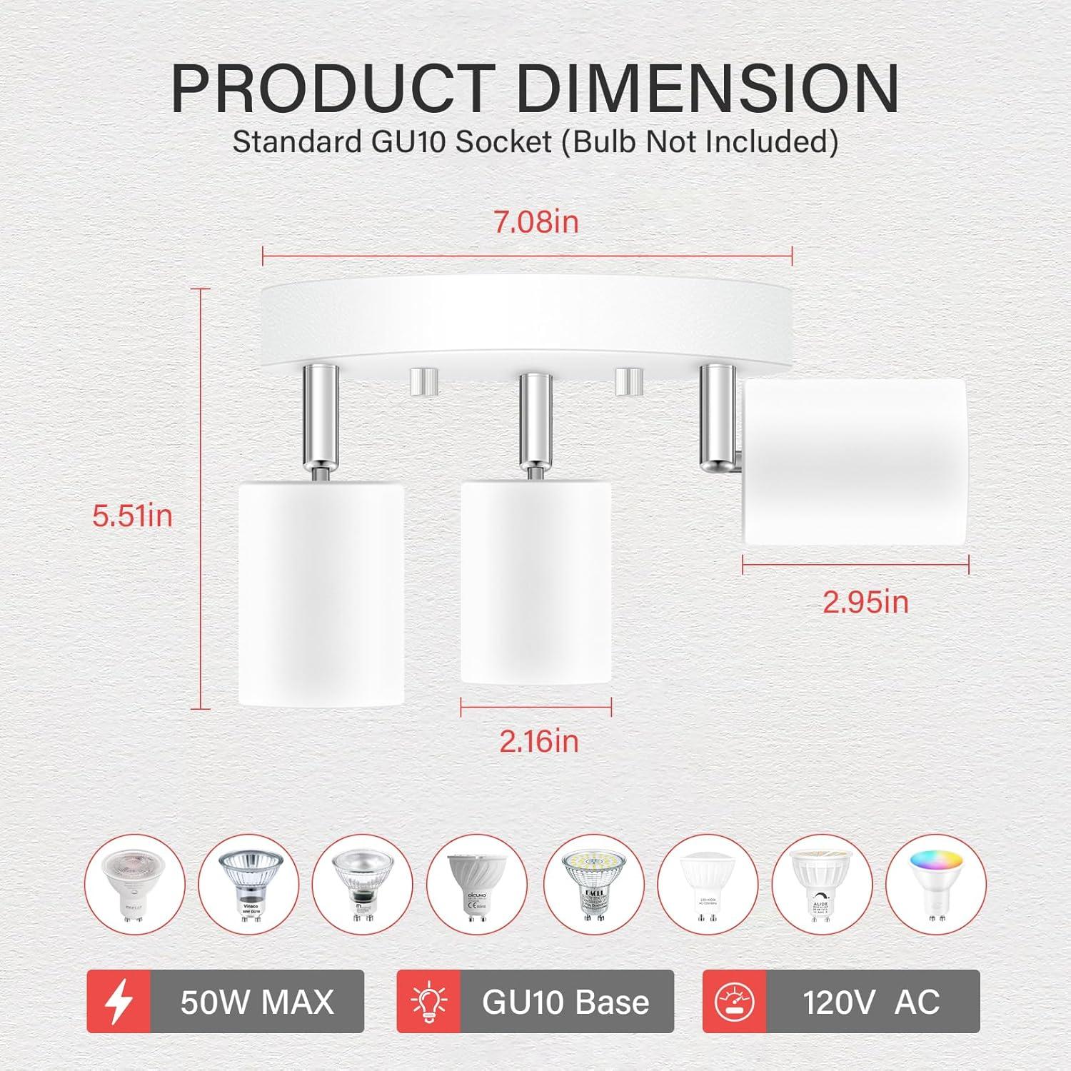 LED 3 Light Track Lighting Kit, LED Track Lighting Fixtures, White Round Ceiling Spot Lighting, Flexibly Rotatable Light Head for Kitchen, Living Room, Bedroom, GU10 Bulb Not Included